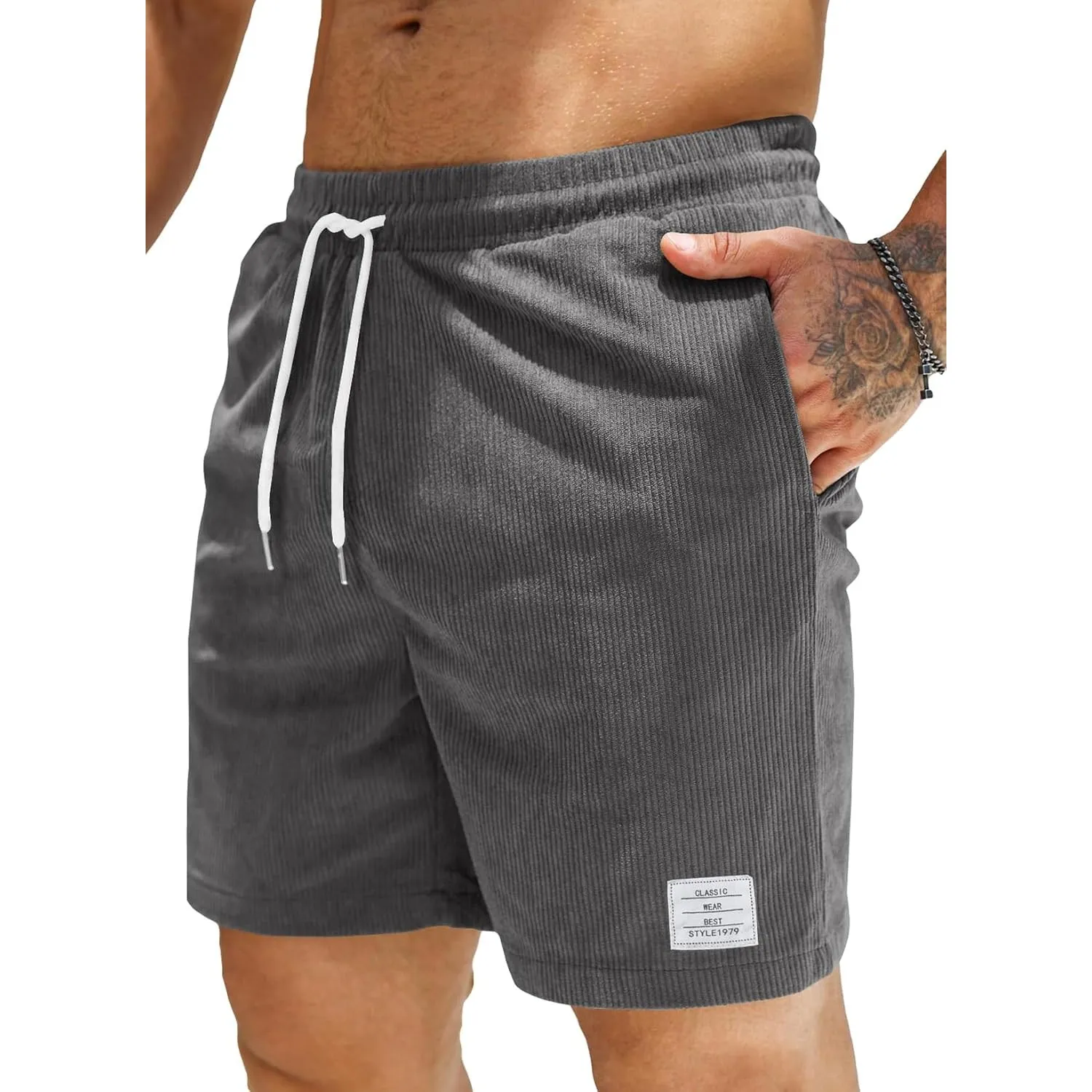 JMIERR Corduroy Shorts Herren Sommer Freizeit Leinen Stretch Baumwolle Elastische Taille mit Taschen