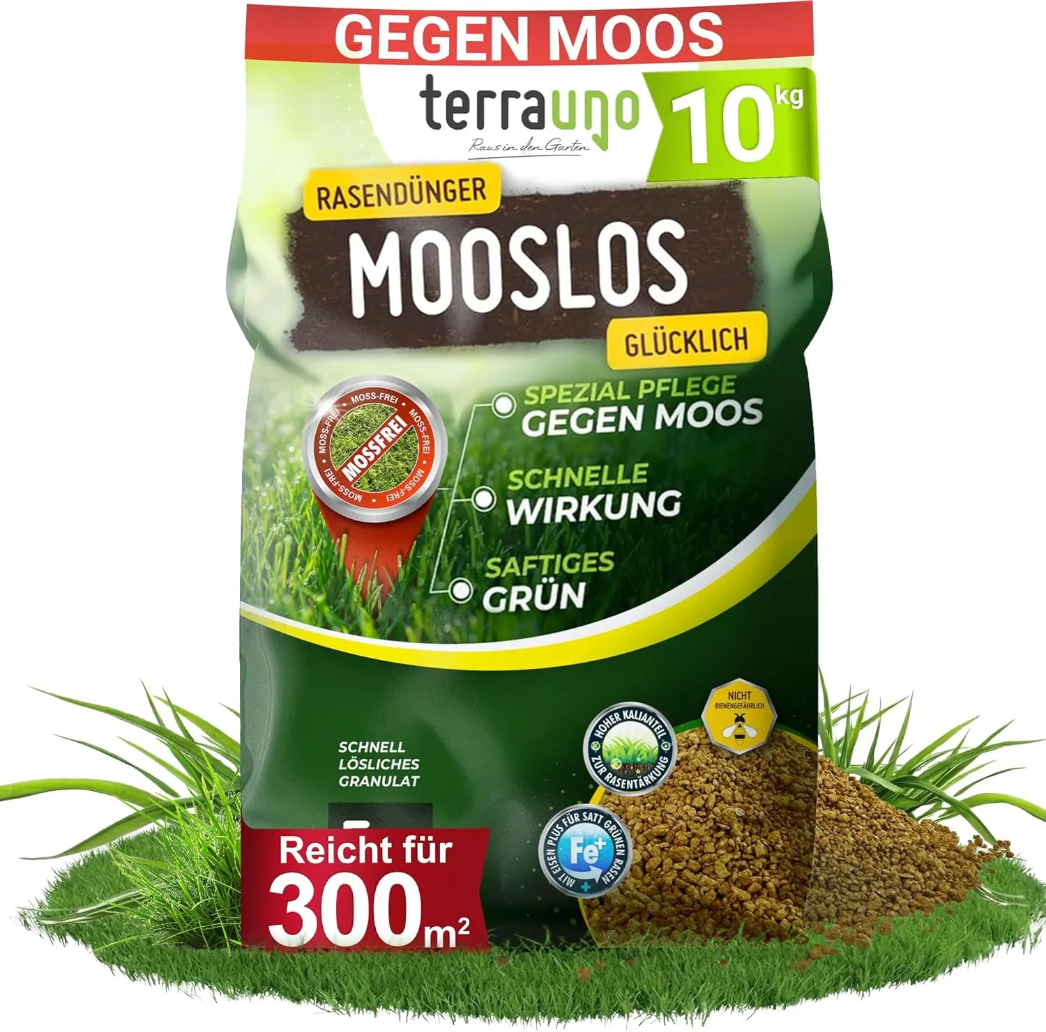 TerraUno Rasendünger Frühjahr Mooslos Glücklich, Moosfrei in 3 Tagen, 10 kg für 300 m², Eisendünger gegen Moos, extrafe…