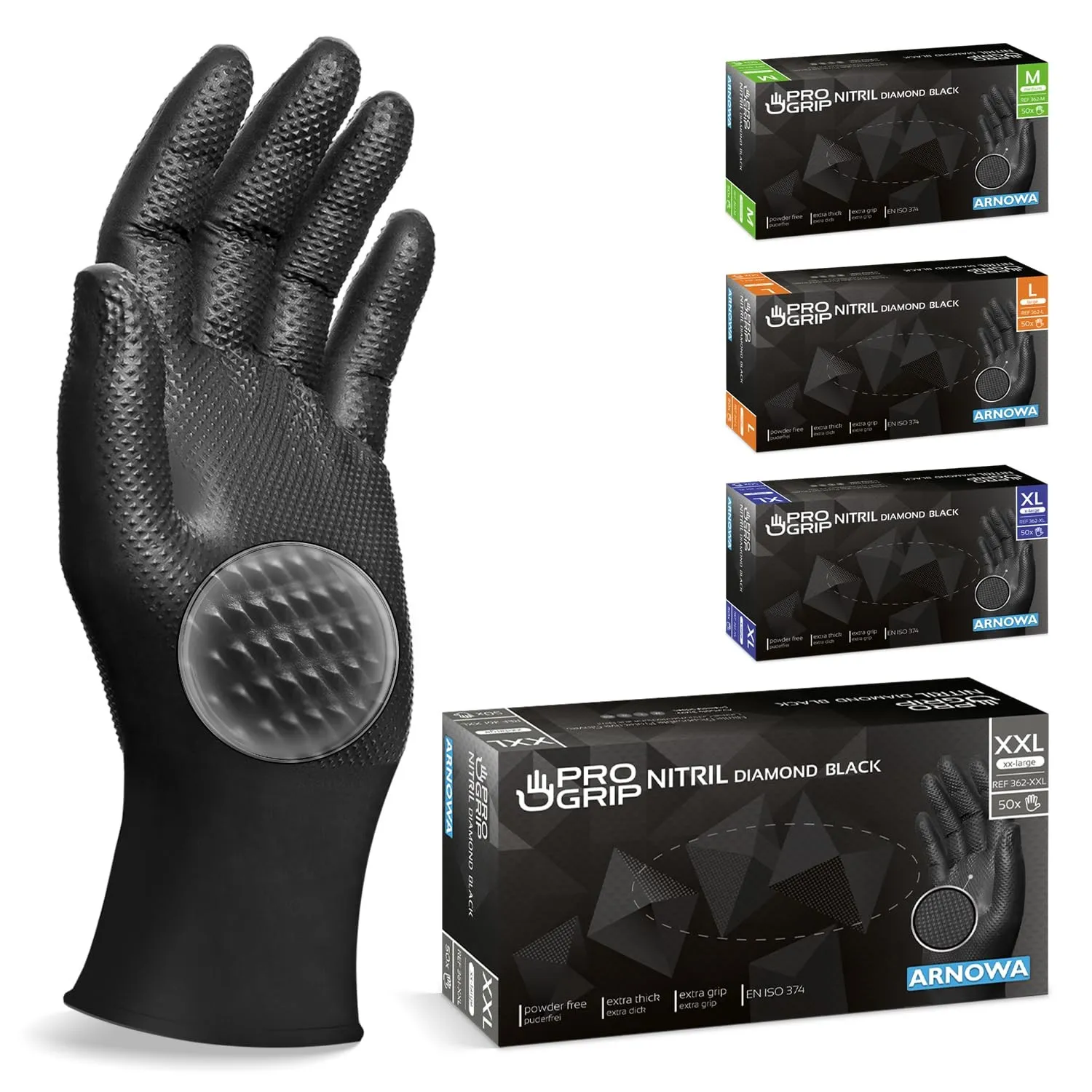 200x PROGRIP Einweghandschuhe Diamant Grip Schwarz, Nitrilhandschuhe XXL | Einmalhandschuhe Extra Stark, Handschuhe Ein…