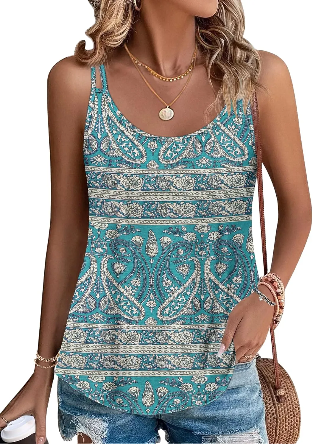 PLOKNRD Women's Tank Top Summer Spaghetti Tops Sleeveless Crew Neck Shirt Blouses Tops