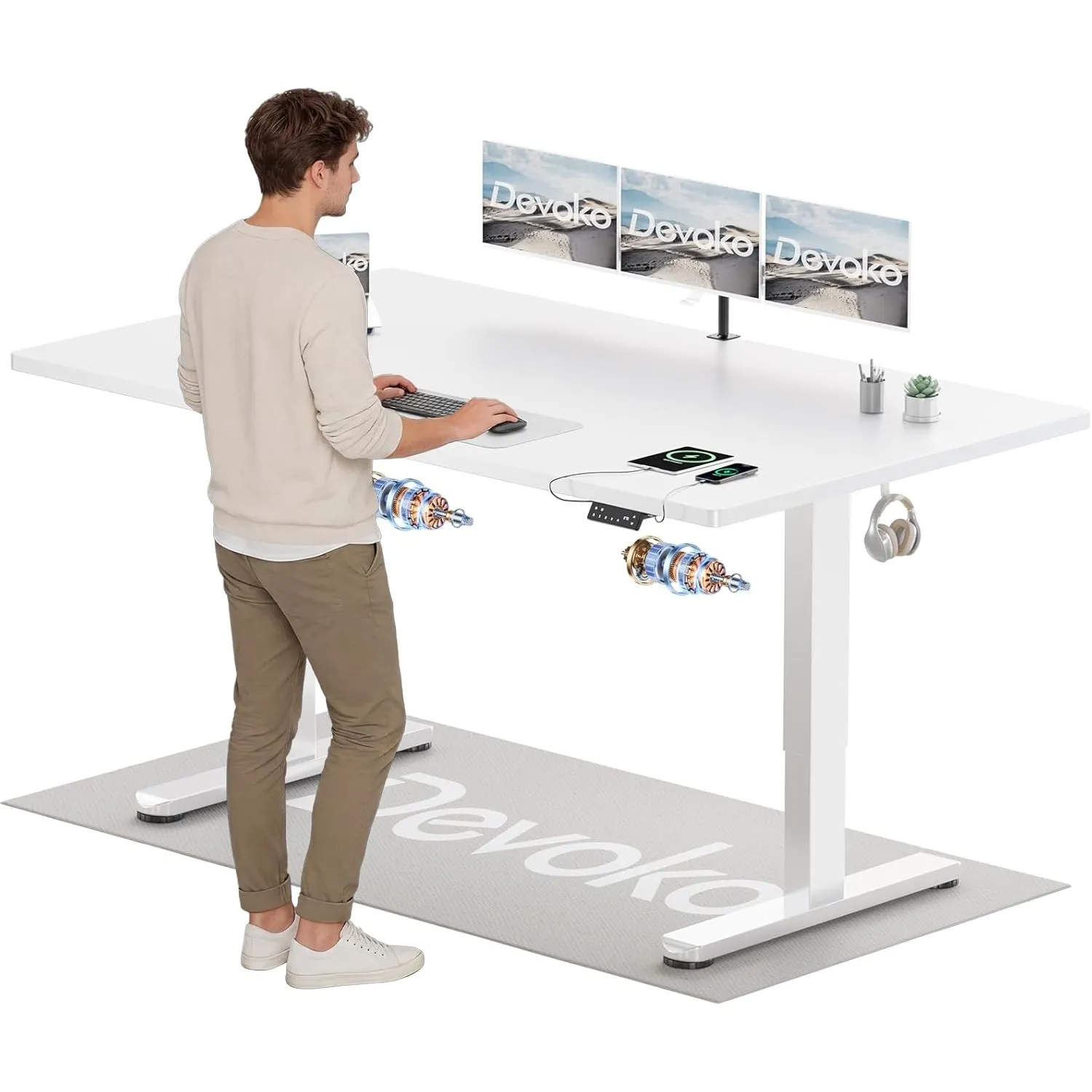 Devoko Höhenverstellbarer Schreibtisch mit 2 Motoren，25mm Einteilige Tischplatte, 180x80 cm Elektrisch Computertisch mi…