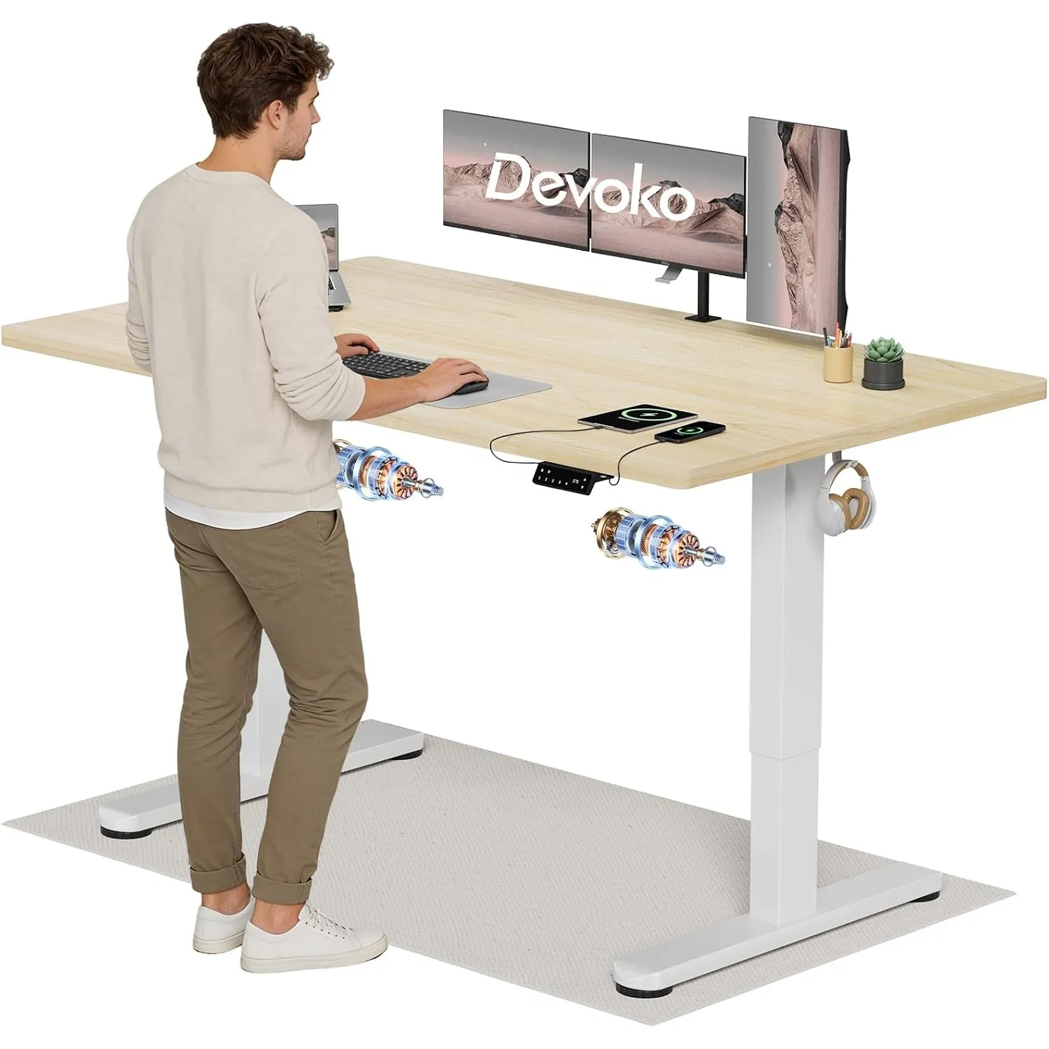 Devoko Höhenverstellbarer Schreibtisch mit 2 Motoren，25mm Einteilige Tischplatte, 160x80 cm Mobiler Elektrisch Computer…