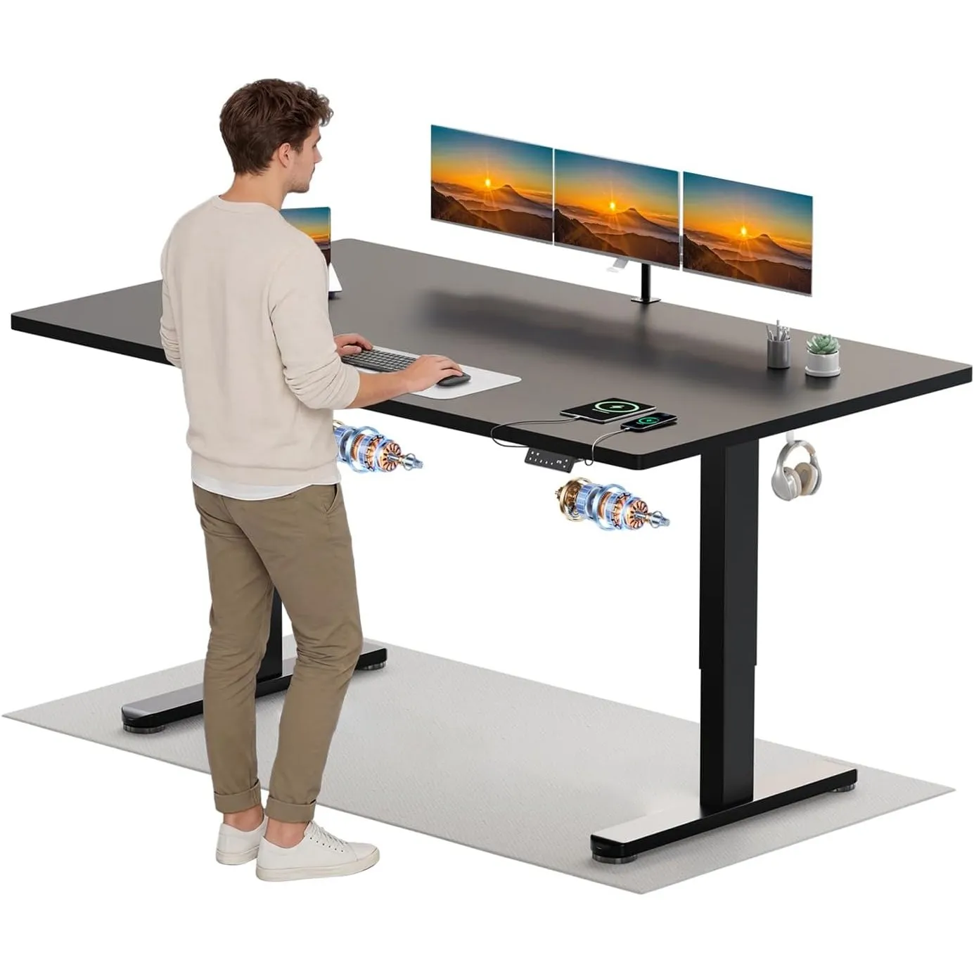 Devoko Höhenverstellbarer Schreibtisch mit 2 Motoren，25mm Einteilige Tischplatte, 180x80 cm Mobiler Elektrisch Computer…