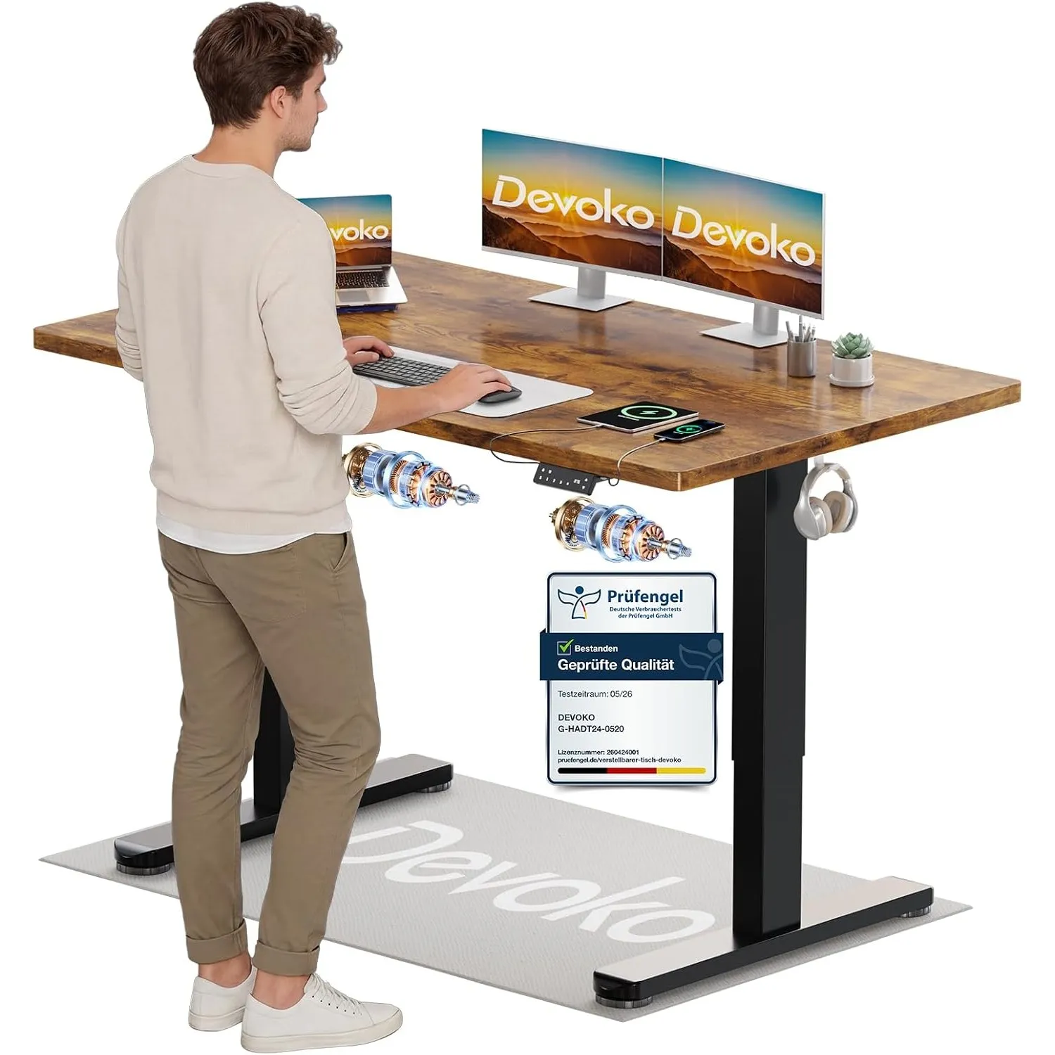 Devoko Höhenverstellbarer Schreibtisch mit 2 Motoren，25mm Einteilige Tischplatte, 140x70 cm Mobiler Elektrisch Computer…