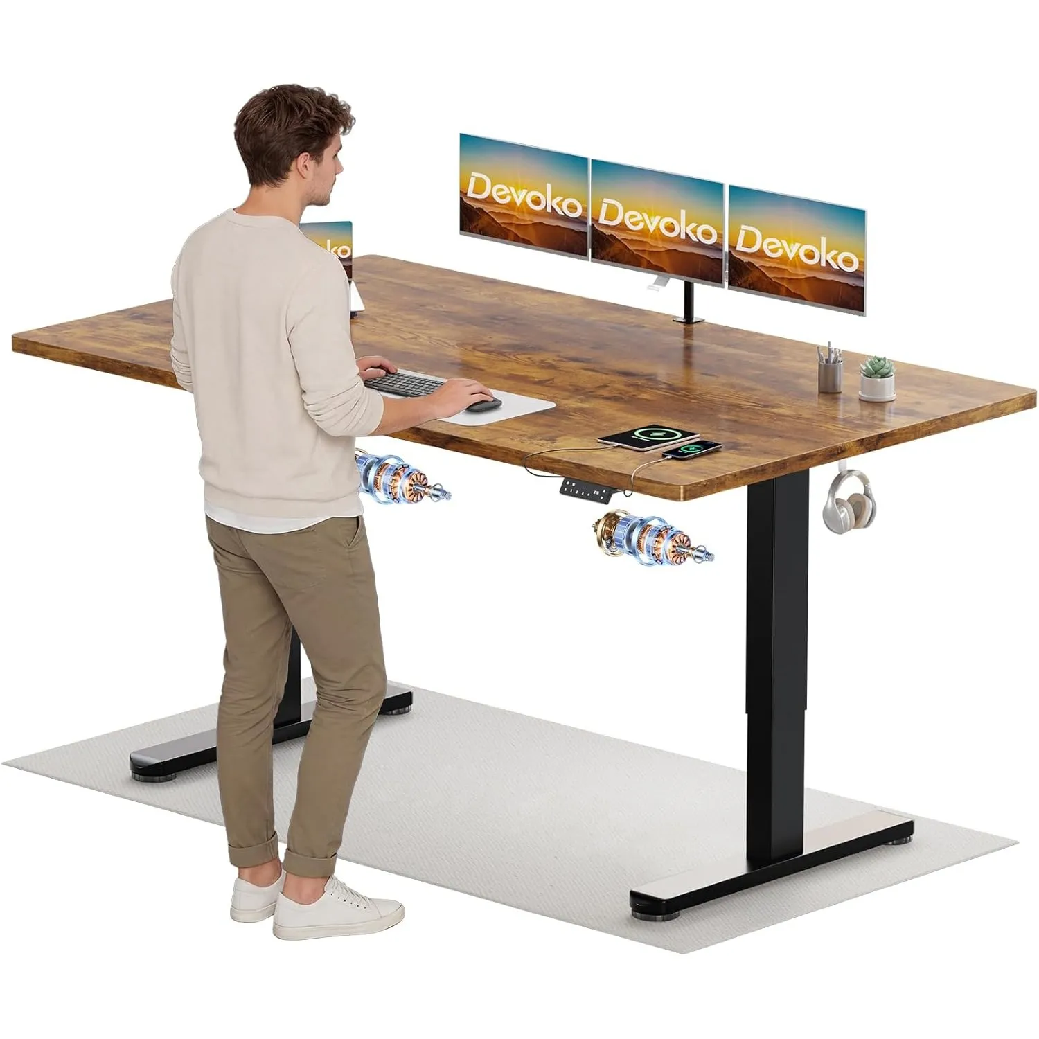 Devoko Höhenverstellbarer Schreibtisch mit 2 Motoren，25mm Einteilige Tischplatte, 180x80 cm Mobiler Elektrisch Computer…