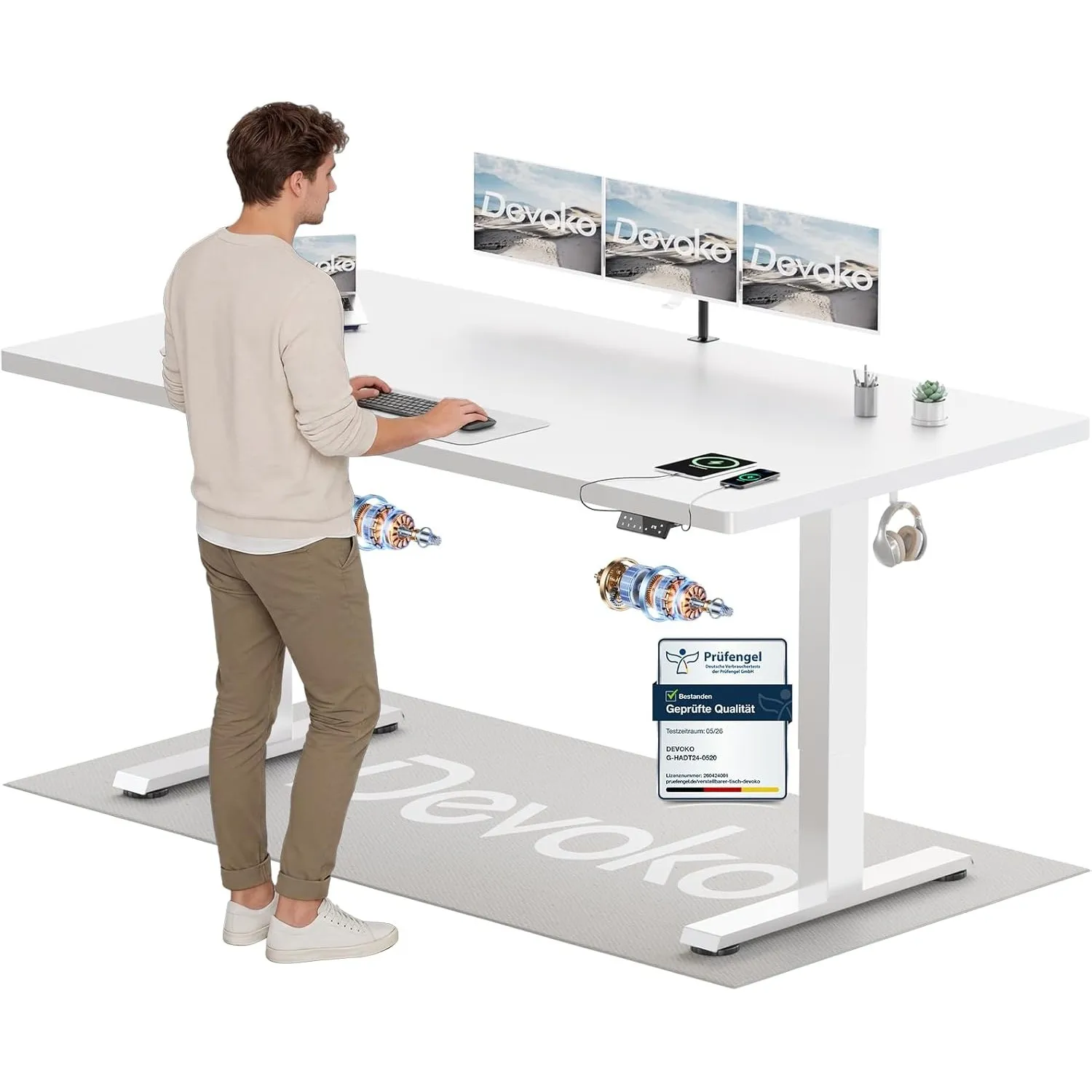 Devoko Höhenverstellbarer Schreibtisch mit 2 Motoren，25mm Einteilige Tischplatte, 200x80 cm Mobiler Elektrisch Computer…