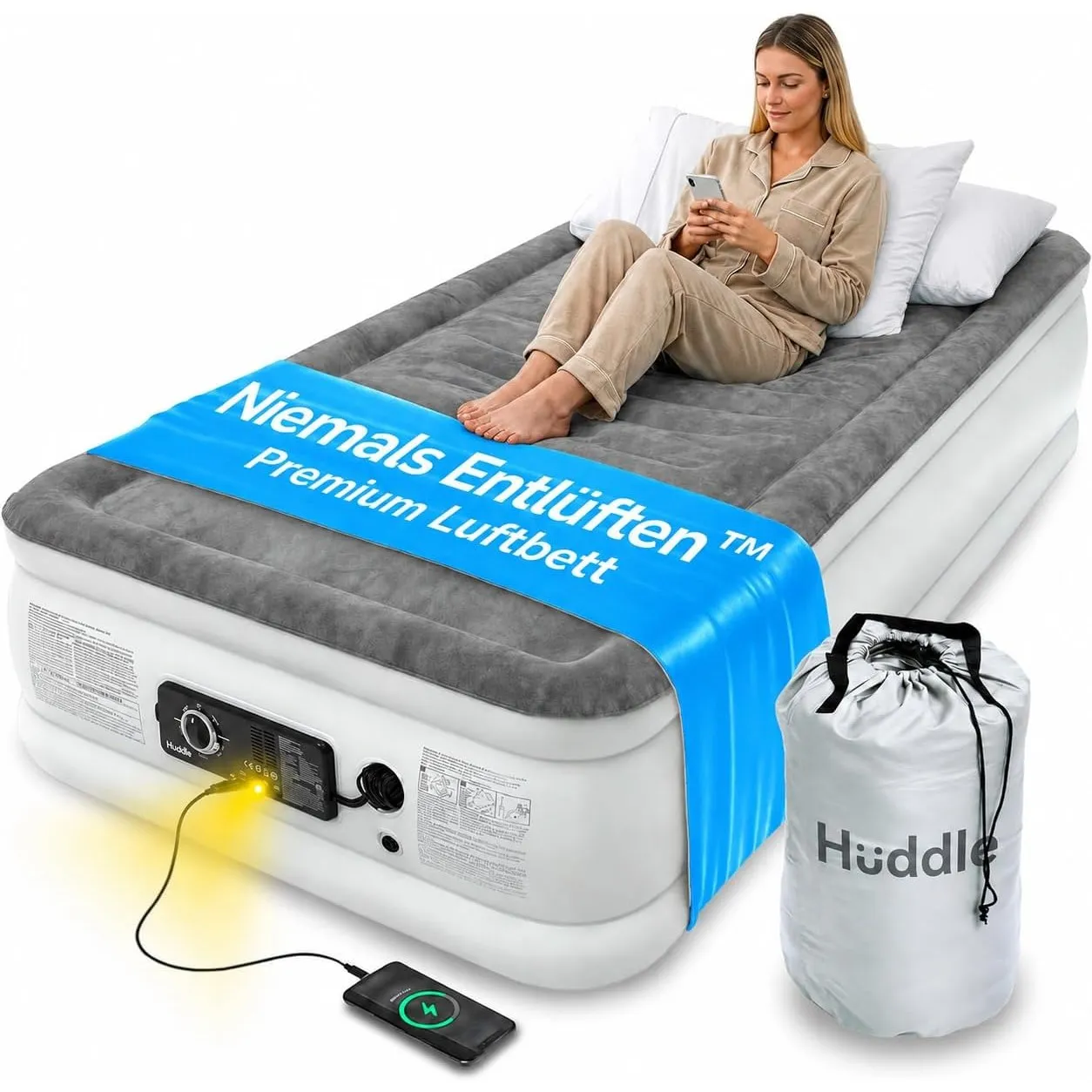 Huddle Never Deflate™ Luxus Einzel-Luftbett 99 x 185 cm, selbstaufblasende Luftmatratze mit Pumpe, perfekte Gästematrat…