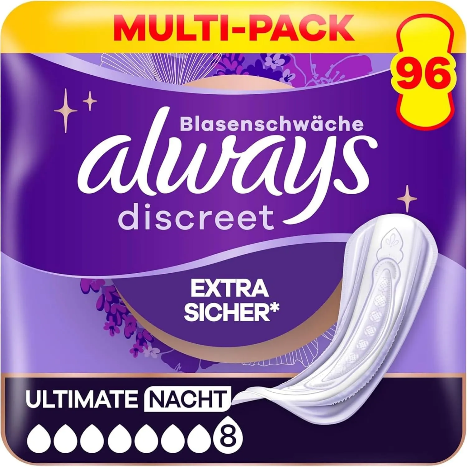 Always Discreet Inkontinenz-Einlagen Ultimate Nacht Monatspaket bei Blasenschwäche, 96 Einlagen (Sparpackung 8 Packunge…