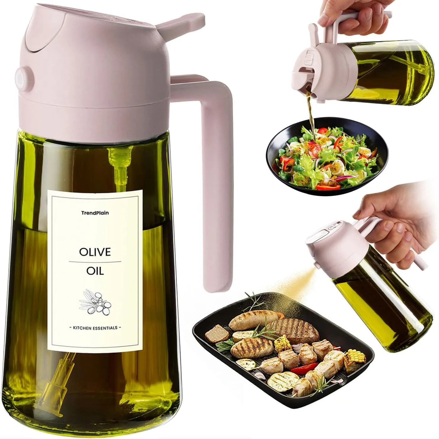 TrendPlain 16oz Ölsprüher für Speiseöl – 470ml Olivenöl Flasche – 2-in-1 Ölspender und Ölsprüher – Küchen Gadgets für K…