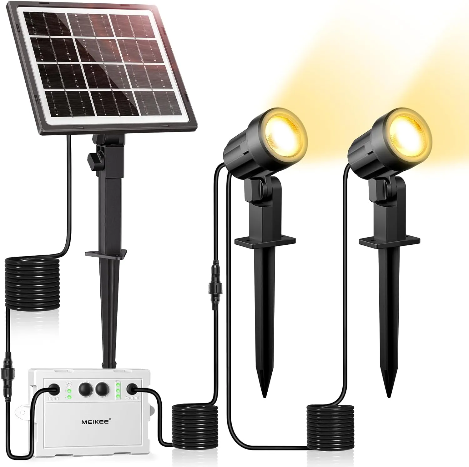 MEIKEE Solar Strahler 2 Stück 2700K Warmweiß Gartenbeleuchtung Solar mit Erdspieß IP66 Wasserdicht 3 Helligkeit 2 Modi …