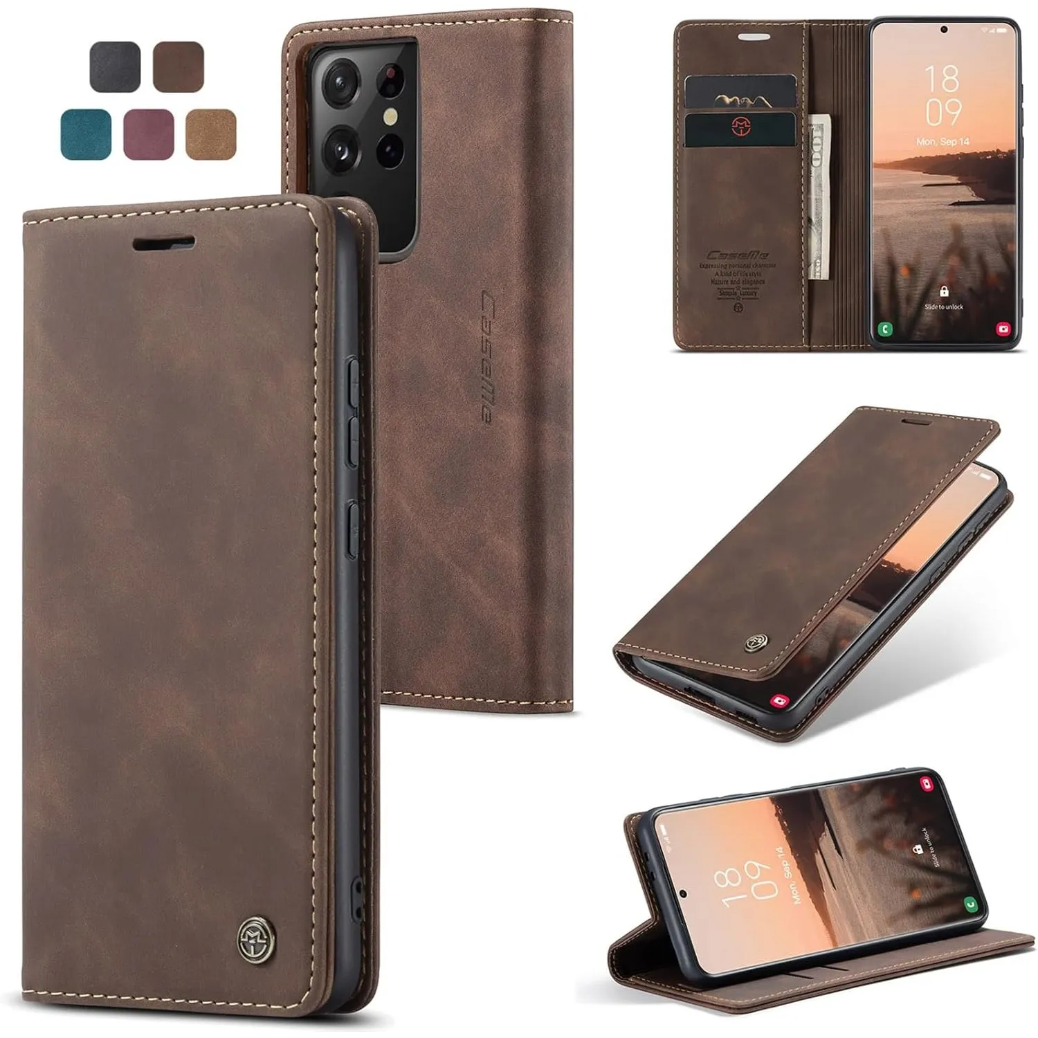 Hülle Samsung Galaxy S21 Ultra Handyhülle Premium Lederhülle Weiches Vintage-Nubukleder Faltbare Ständer Schutzhülle Ka…
