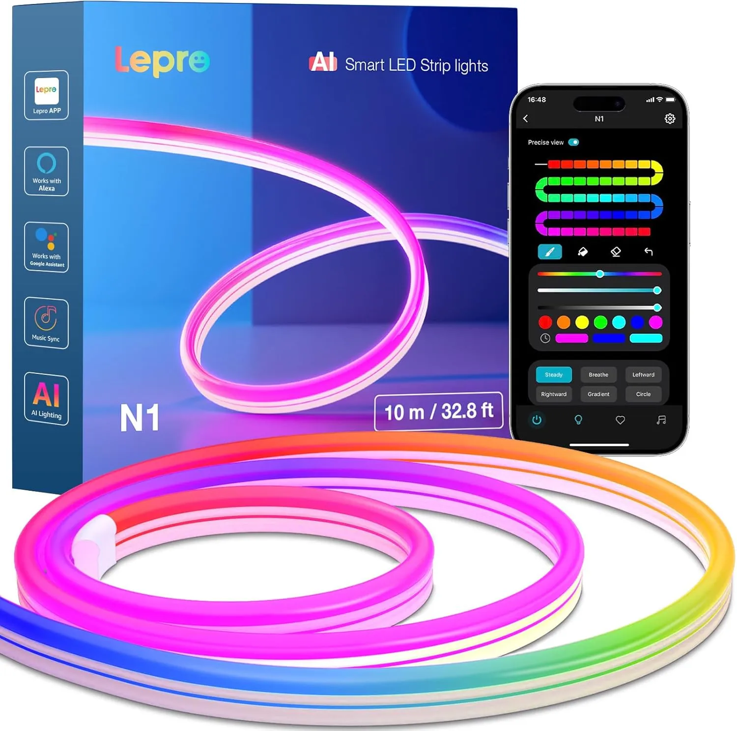 Lepro Neon AI LED Strip 10m, RGB LED Streifen mit App-, Musik- und Sprachsteuerung, kompatibel mit Alexa & Google Assis…