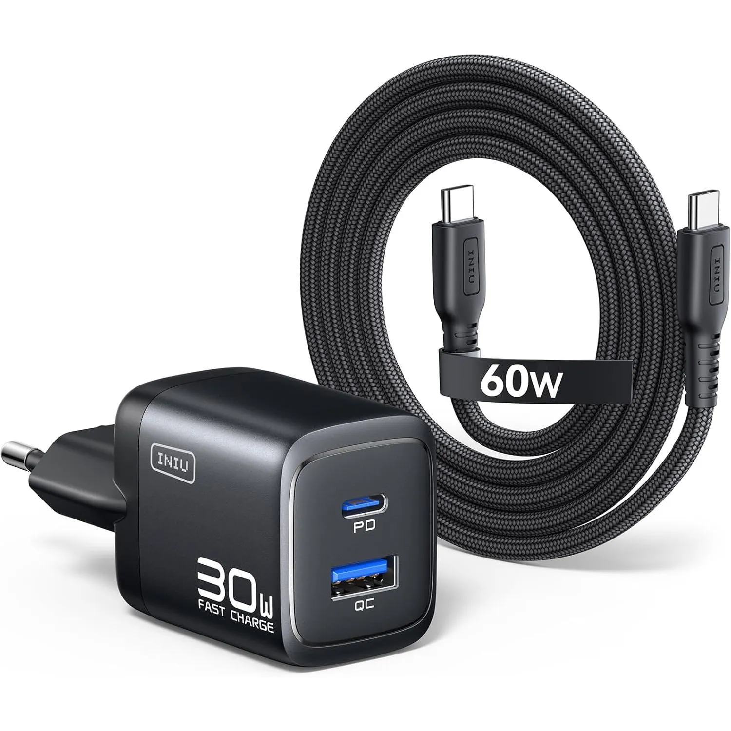 INIU 30W USB C Ladegerät, Dual-Port GaN Schnellladegerät mit 1,5m 60W Kabel