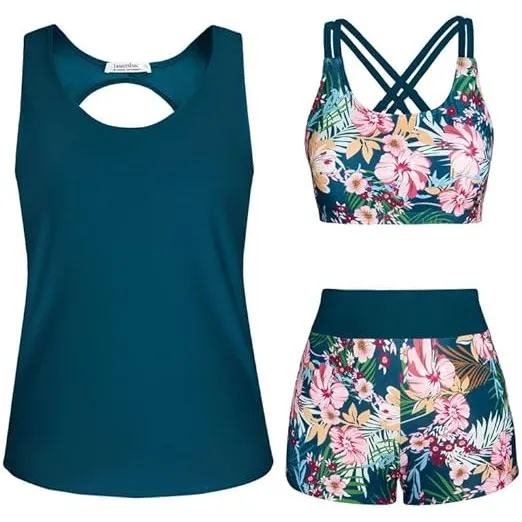 JASAMBAC 3-teiliger Tankini Damen Bauchweg, Push-up-Bikinioberteil und High Waist Badeshorts, einfache Badebekleidung, …