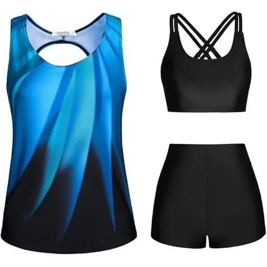 JASAMBAC 3-teiliger Tankini Damen Bauchweg, Push-up-Bikinioberteil und High Waist Badeshorts, einfache Badebekleidung, …