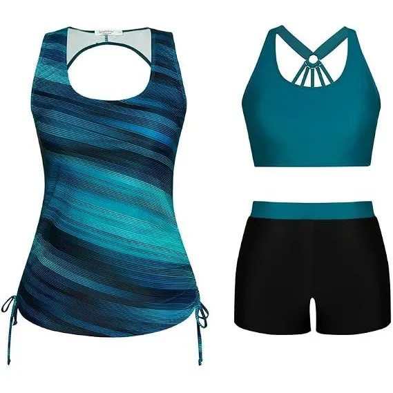 JASAMBAC 3-teiliger Damen Bauchweg Tankini Sets, Push-up-Bikinioberteil und High Waist Badeshorts, einfache Badebekleid…