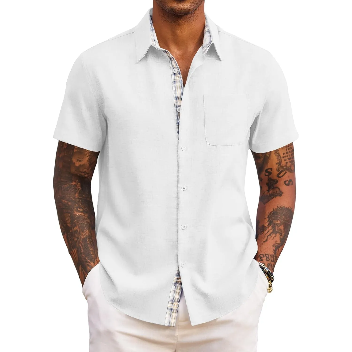 COOFANDY Herren Hemd Kurzarm Sommer Freizeithemd Regular Fit Casual Strand Hemd mit Karierte Hemdleiste