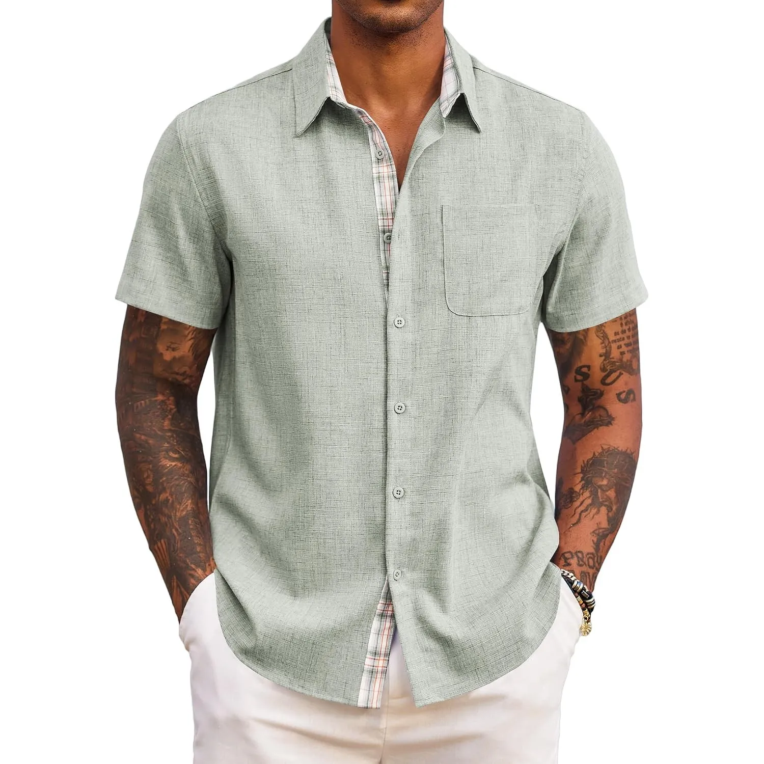 COOFANDY Herren Hemd Kurzarm Sommer Freizeithemd Regular Fit Casual Strand Hemd mit Karierte Hemdleiste