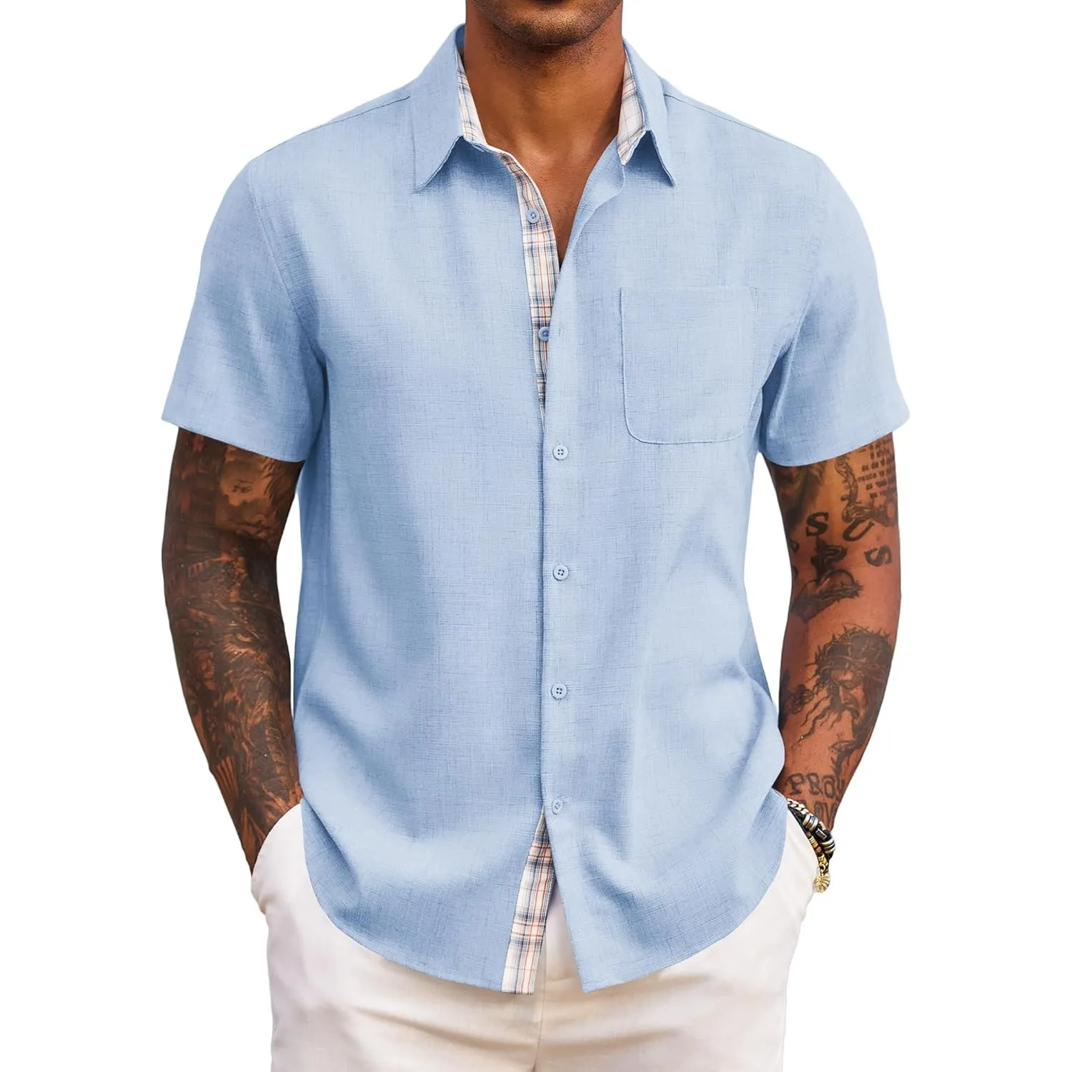 COOFANDY Herren Hemd Kurzarm Sommer Freizeithemd Regular Fit Casual Strand Hemd mit Karierte Hemdleiste