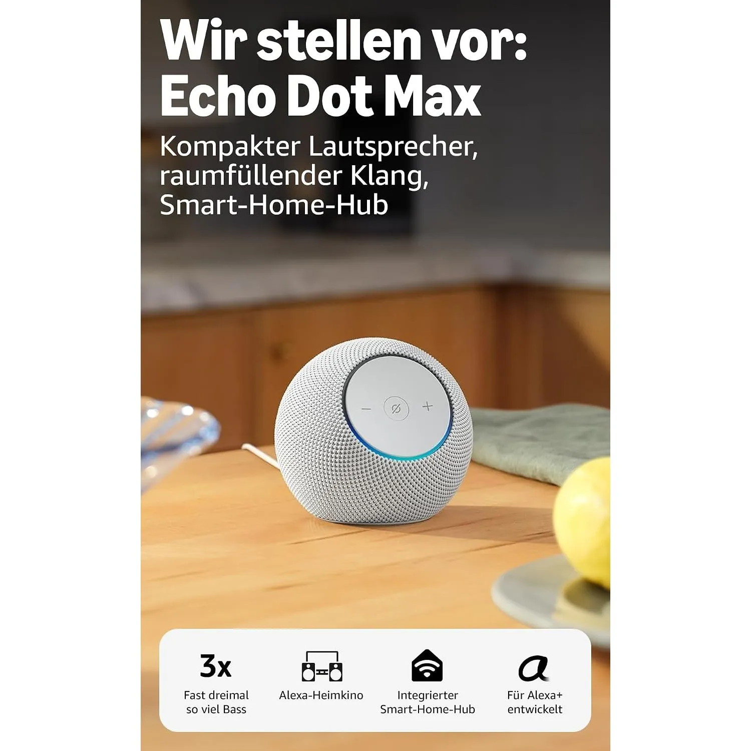 Amazon Echo Dot Max (neueste Generation), Lautsprecher mit raumfüllendem Klang und integriertem Smart-Home-Hub, Weiß, m…