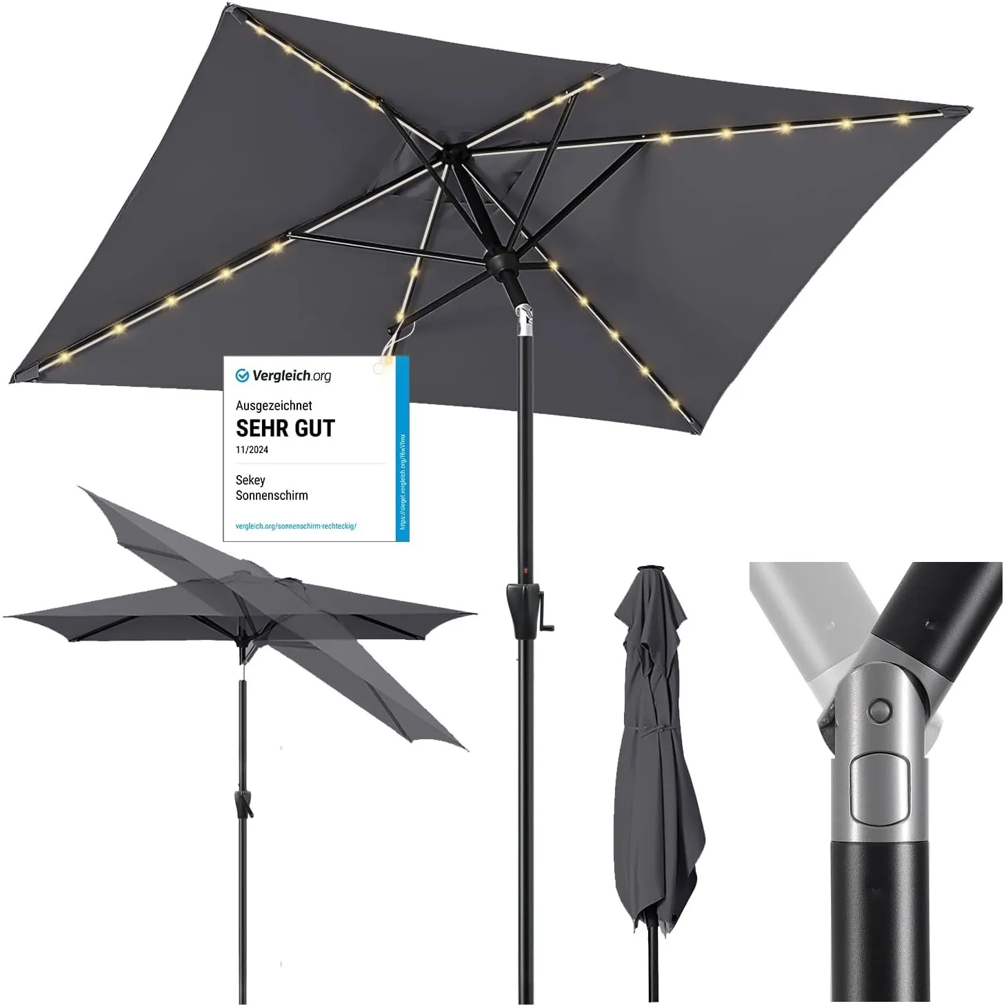 Sekey Aluminum Solar-Sonnenschirm mit LED-Beleuchtung 210x140cm, UV50+ Rechteckiger Balkon-Garten-Schirm, Solarlampe & …