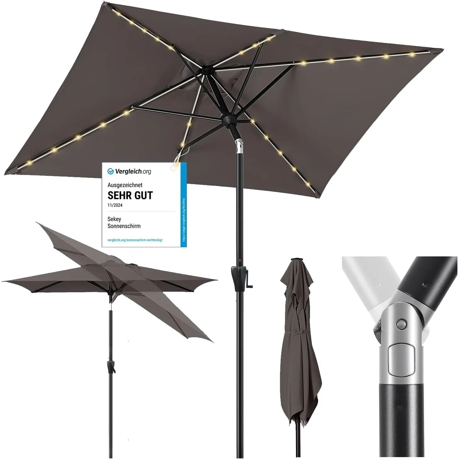 Sekey Aluminum Rechteckiger Sonnenschirm 200x300 cm mit Solar-LED & Kurbel | Solar-LED, UV 50+ Schutz, 180 g/m2 Polyest…