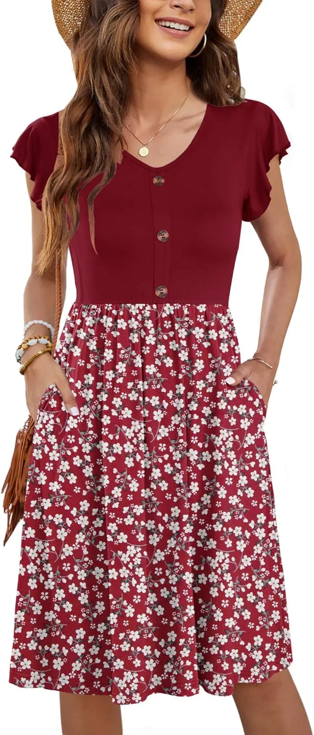 MOLERANI Women’s Summer Dress, Ruffle Sleeves, V-Neck, Casual, Elasticated Waist, Midi Swing Dress with Pockets, S–2XL