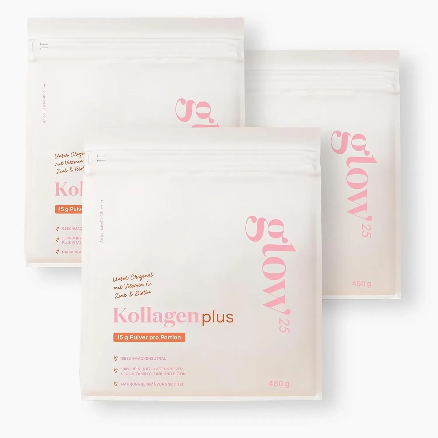 Glow25® Kollagen Plus Pulver [3x450g] - Collagen Hydrolysat mit Vitamin C, Zink und Biotin - Peptide Typ 1 und 3 - Gute…