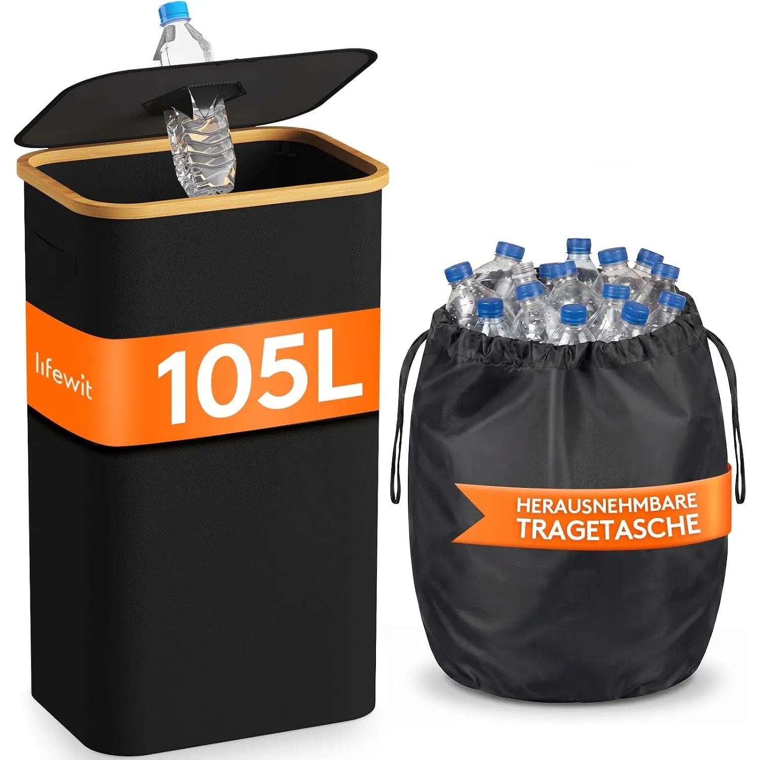 Lifewit 105L Pfandflaschen Sammelbehälter mit Deckel, Schwarz