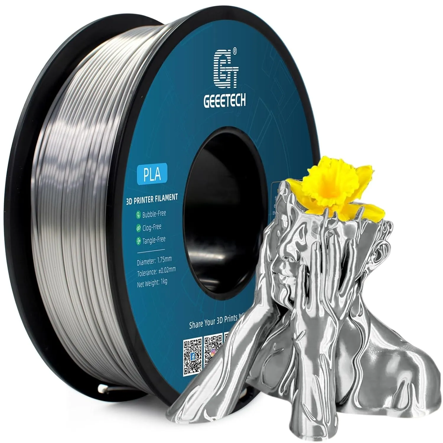 GEEETECH PLA Filament 1.75mm Silk Silber, 3d Drucker printer Filament PLA 1KG Spool, Silk Filament mit Seidige Druckobe…