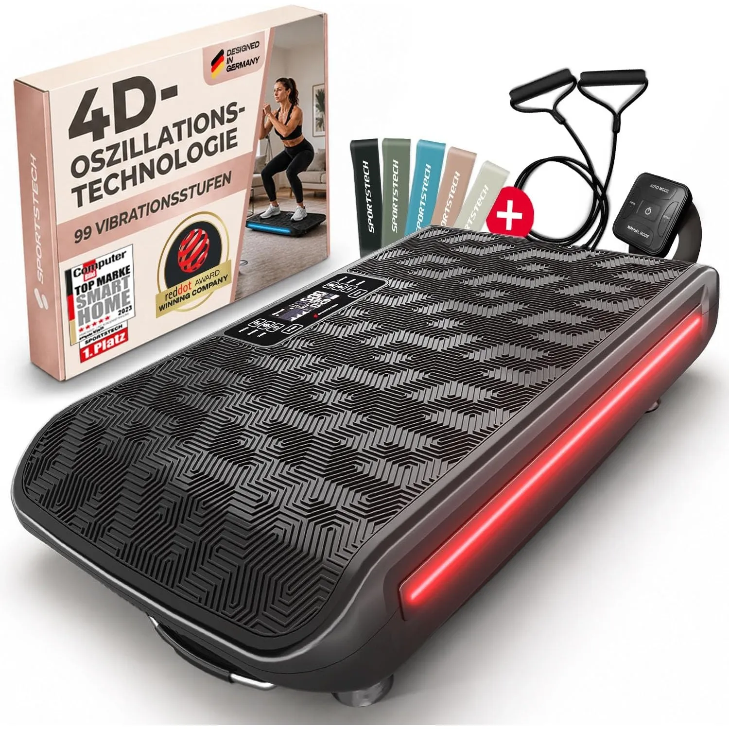 Sportstech, 4D-Vibrationsplatte + Variable Frequenz bis 40 Hertz VP400 | Für Ganzkörpertraining & Fettverbrennung, mit …