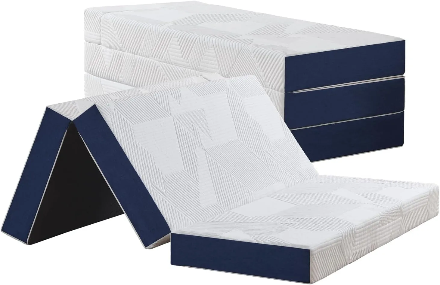 Klappmatratze 140 x 200 x 15 cm, 4-teilige Faltmatratze, Klappbar - Faltbare - Waschbarer Bezug - Schaumstoff Matratze, Gästematratze (Weiß & Blau)