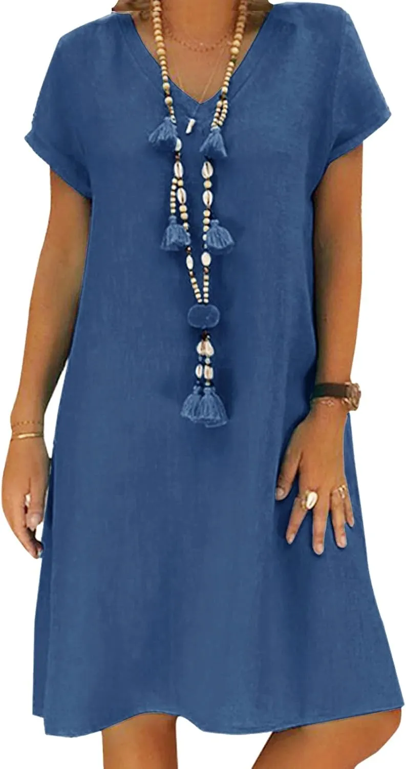 Summer Dress, Women's Linen Dresses, Casual, V-Neck Midi Dress, Short Sleeve A-line Dress, Beach Dress Without Accessor…