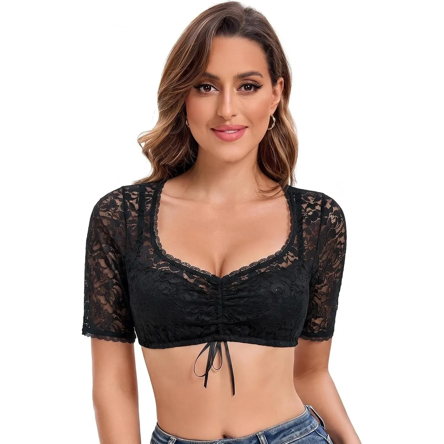Goxozzy Dirndl Bluse Damen Oktoberfest Trachtenbluse Elegant Spitze Kurzarm Weiß Schwarz Größen 34-44