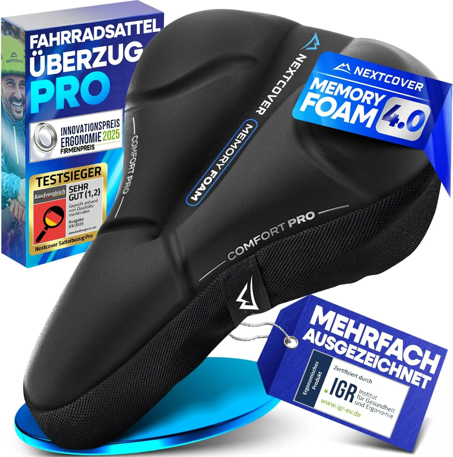 Nextcover® Fahrradsattel Überzug CoverPro mit [Memory-Foam 4.0] - Ergonomischer Gel Sattelbezug Fahrrad - Sattelüberzug…