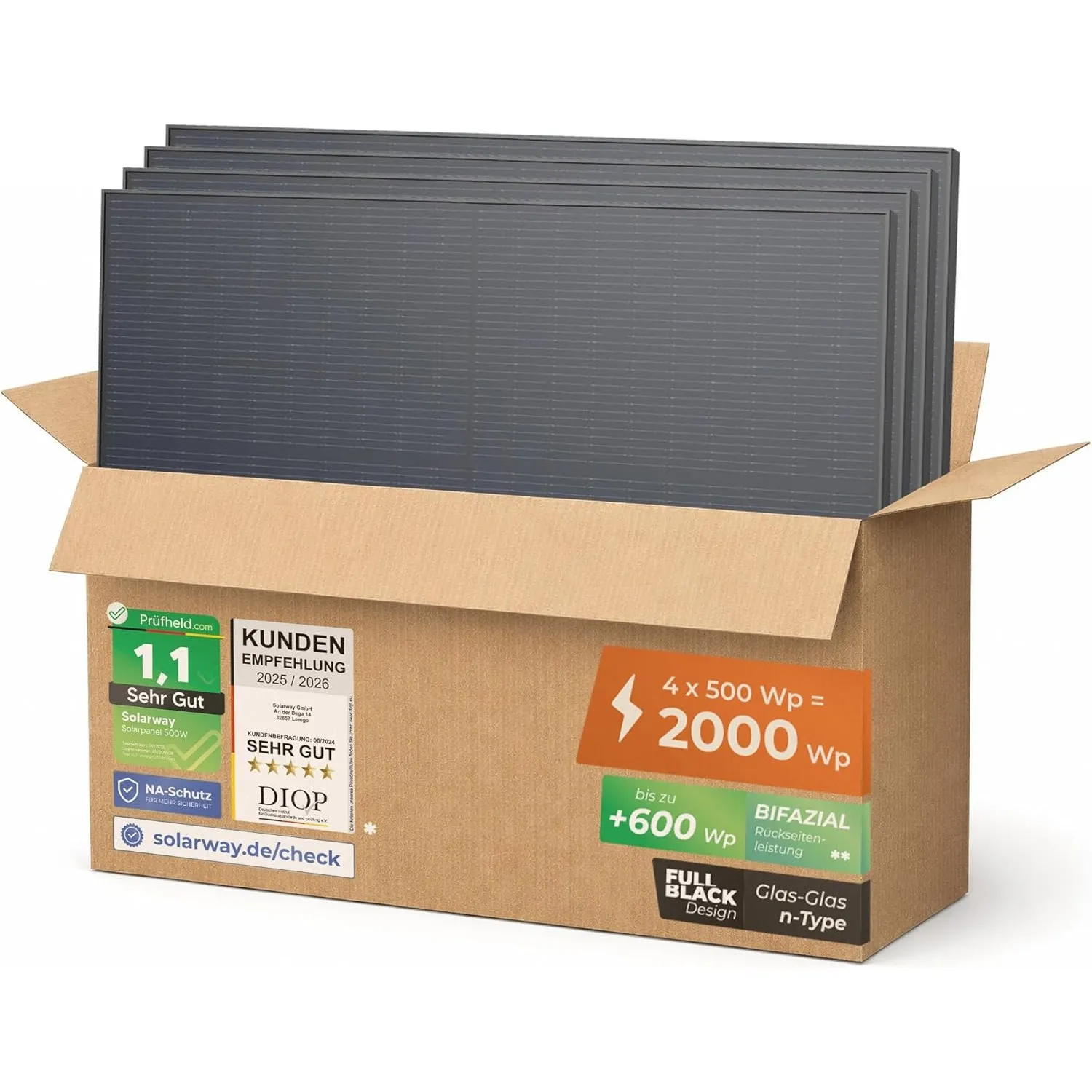 Solarway 500W Solarpanel Full Black Bifazial Glas/Glas PV Panel mit positiver Leistungstoleranz von 0-5 Watt, n-type, g…