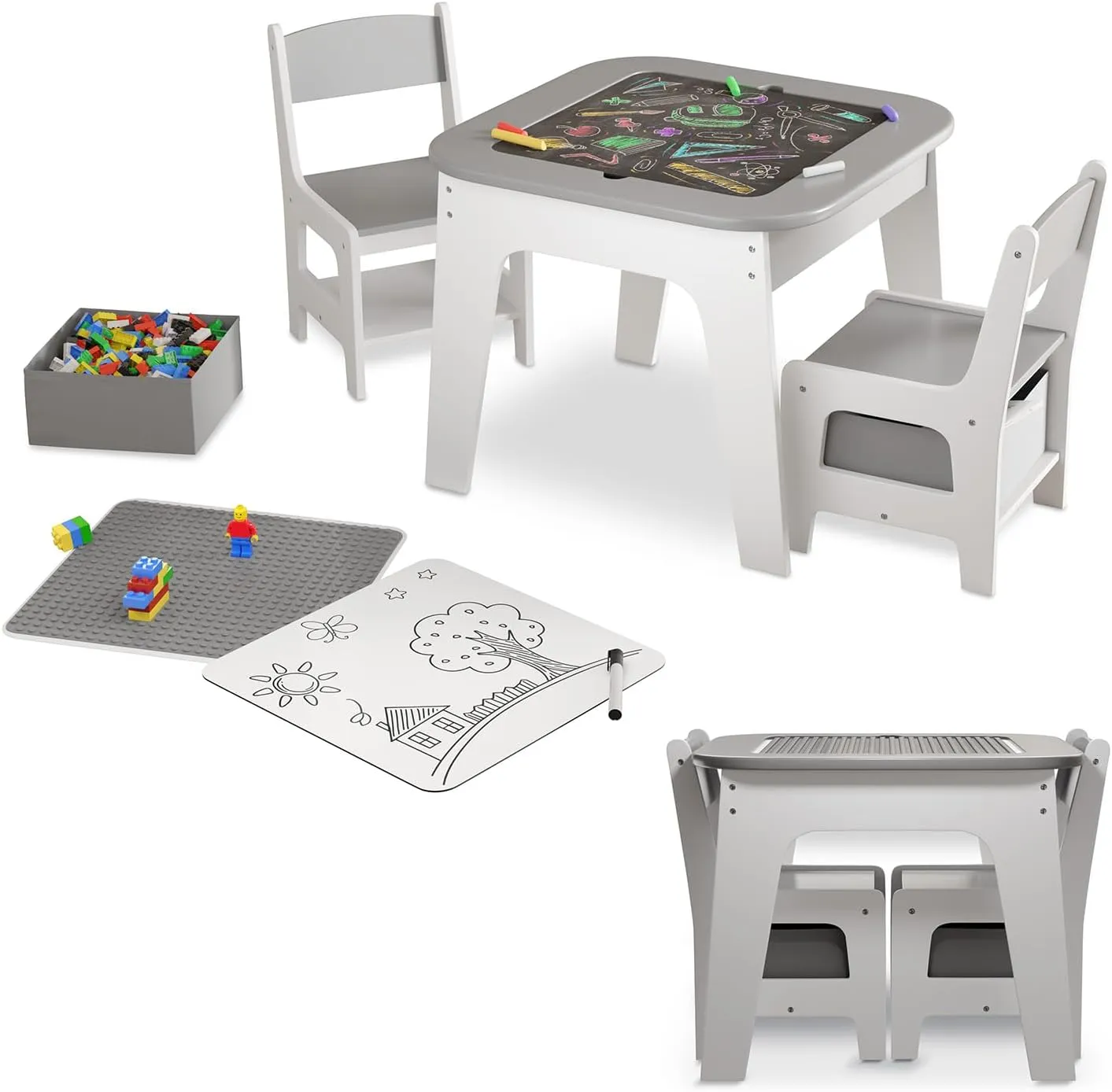 Juskys Kindersitzgruppe Milou - Set mit 2 Stühlen & 1 Tisch - Kindertisch Holz - Spieltisch mit Stauraum - Sitzgruppe f…
