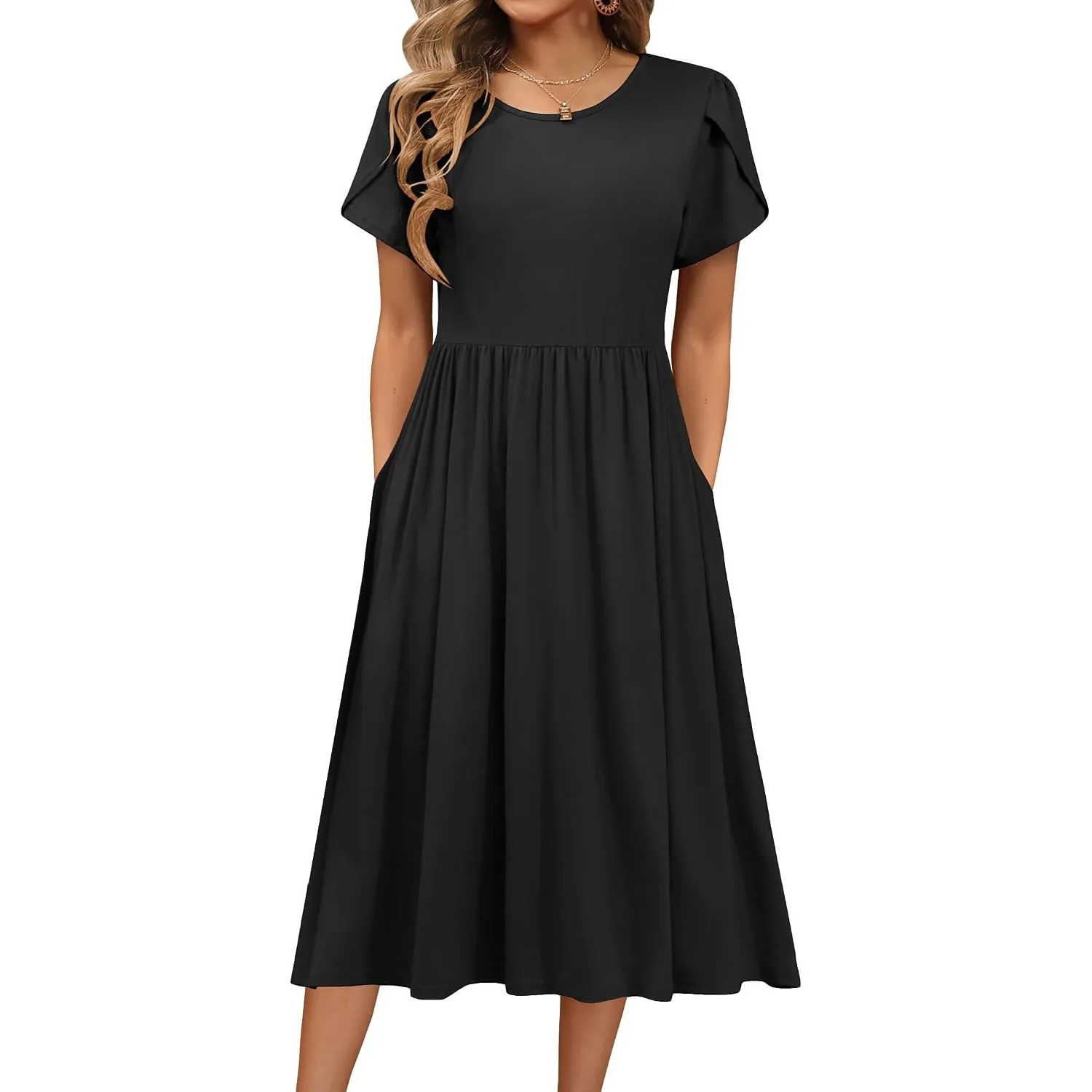 Hotouch Sommerkleid Damen Kurzarm Kleid Rundhals Freizeit Kleid mit Tasche | Einfarbig Strandkleid A-Linie Midi Kleider…