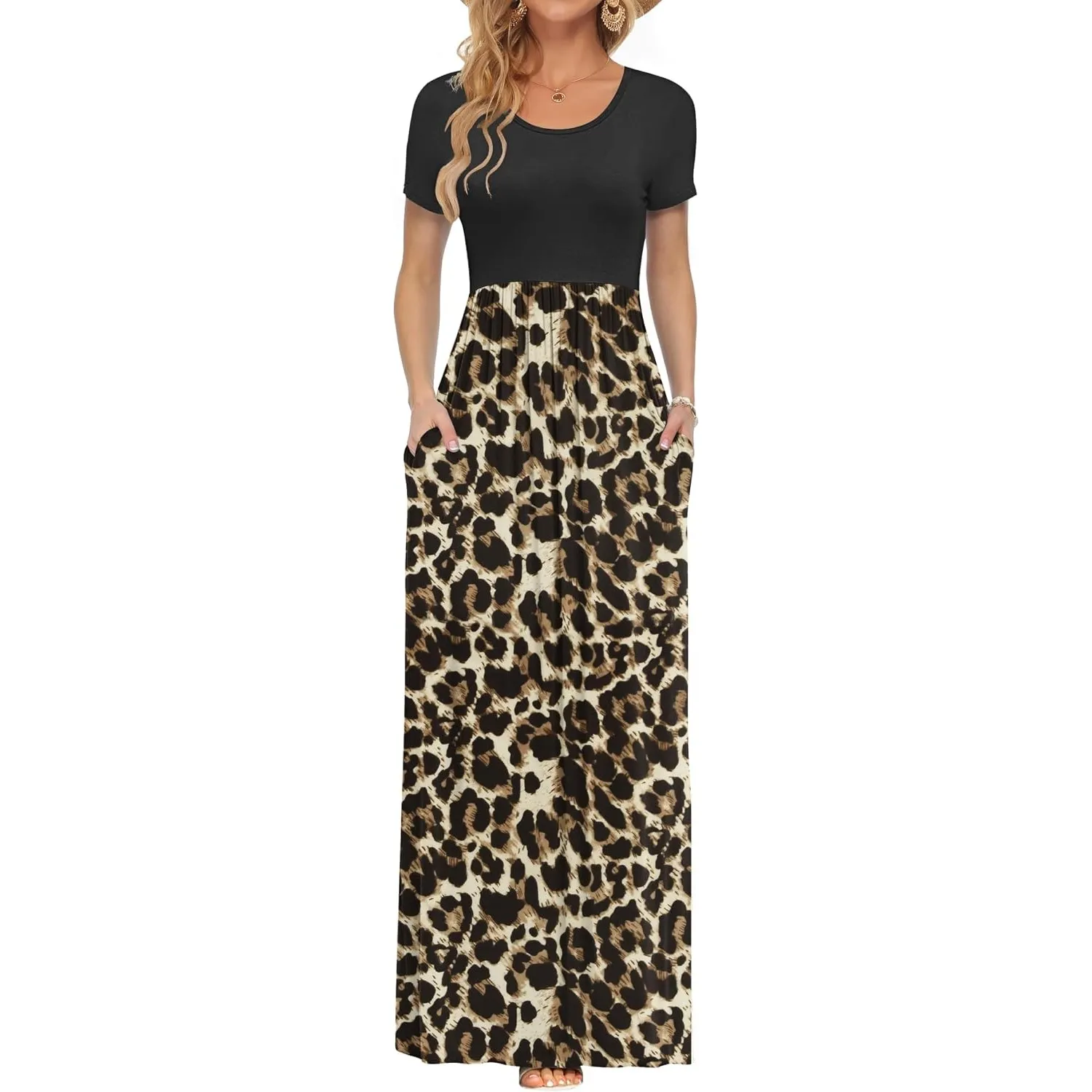 AUSELILY Damen Kurzarm Sommer Casual Long Maxi Kleider mit Taschen | Ganzjähriges Tragen, solider Blumendruck, Freizeit…