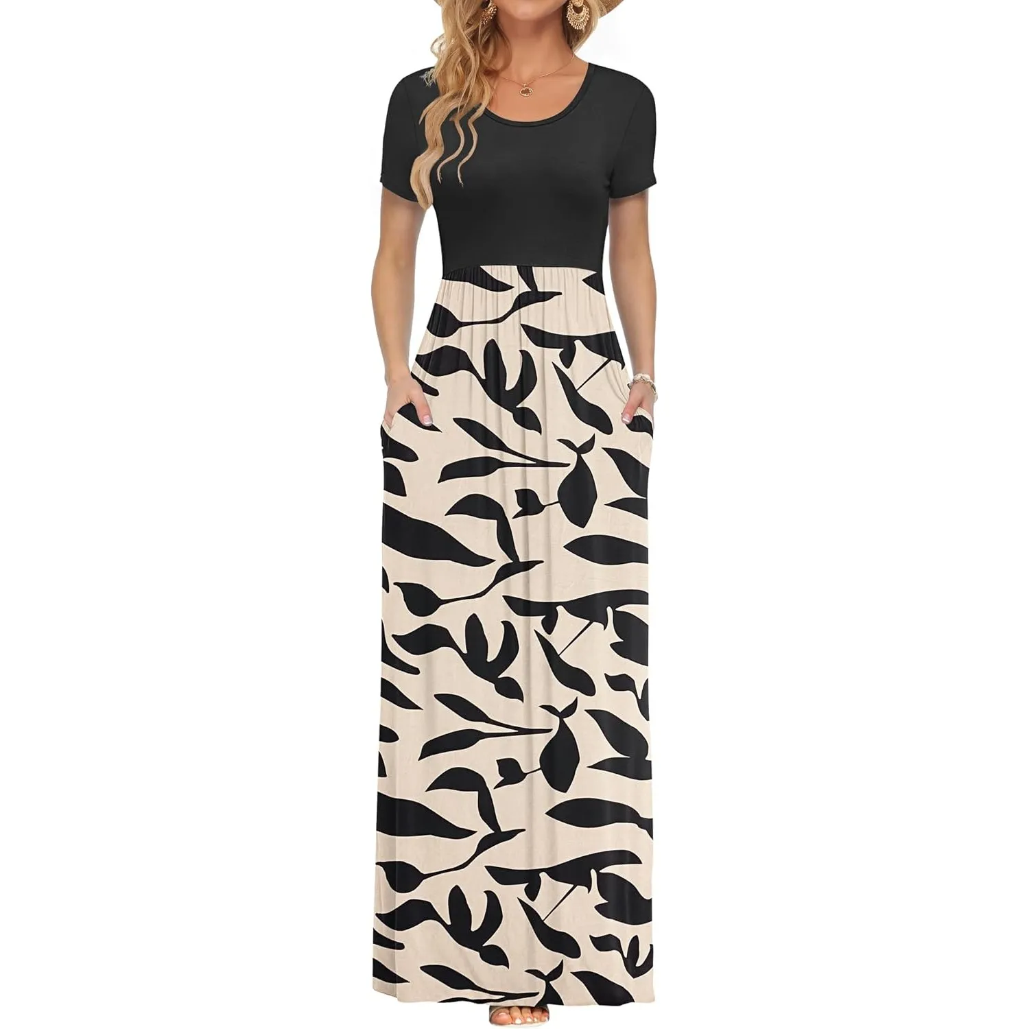 AUSELILY Damen Kurzarm Sommer Casual Long Maxi Kleider mit Taschen | Ganzjähriges Tragen, solider Blumendruck, Freizeit…