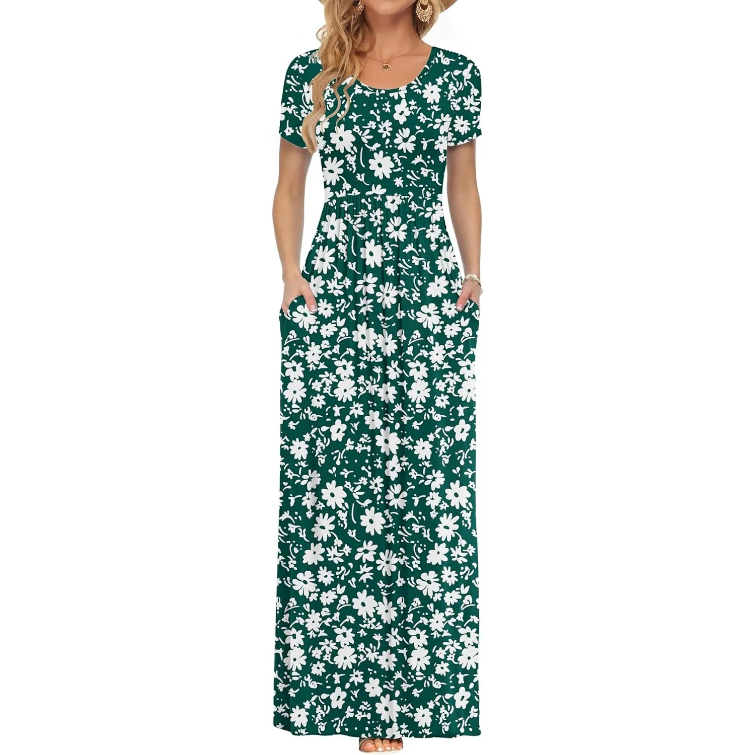AUSELILY Damen Kurzarm Sommer Casual Long Maxi Kleider mit Taschen