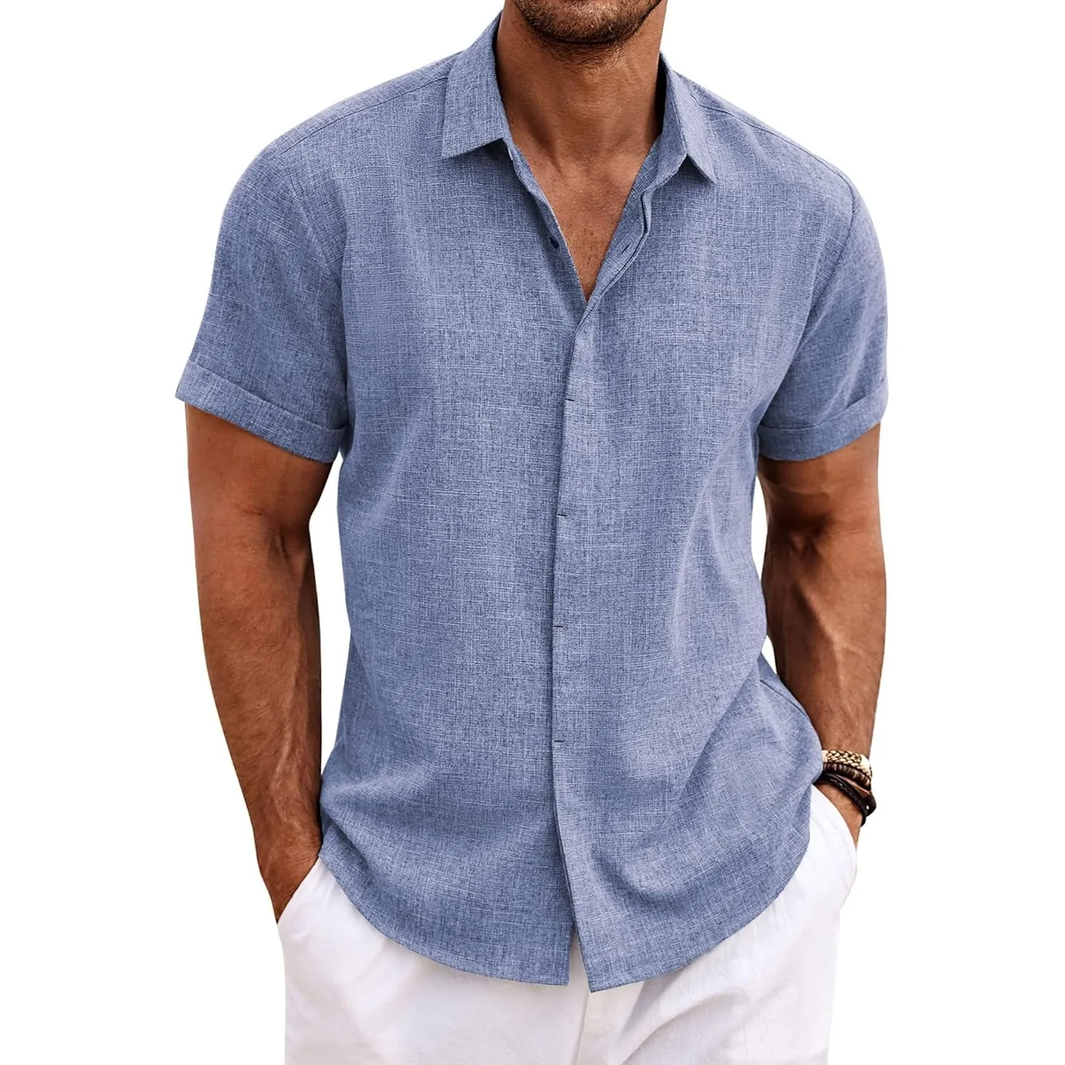 COOFANDY Leinenhemd Herren Kurzarm Hemd Button Down Regular Fit Freizeithemden Sommer Strand Leinen Shirt
