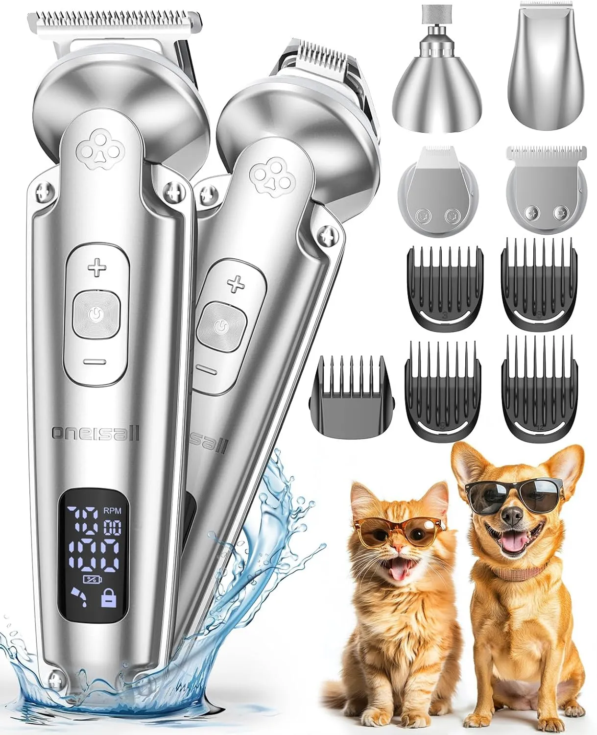 oneisall 4 in 1 Leise Schermaschine Hund Katze Dichtes fell, IPX7 Wasserdichtes Hundeschermaschine, Hunderasierer& Pfotentrimmer& Krallenschleifer geeignet für lange/dicke/verfilzte lockige Tierhaare