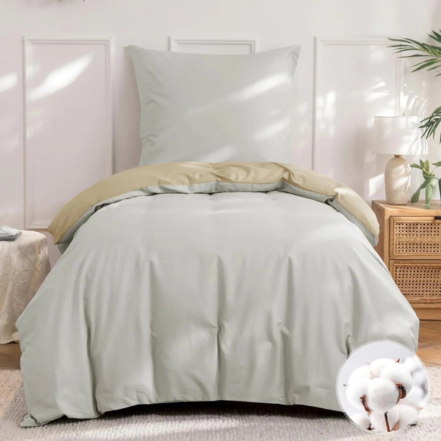 Aisbo Bettwäsche 155x220 Baumwolle Khaki Beige - Bettwäsche-Sets 155 x 220 cm Wendebettwäsche mit Kissenbezug 80x80 cm,…