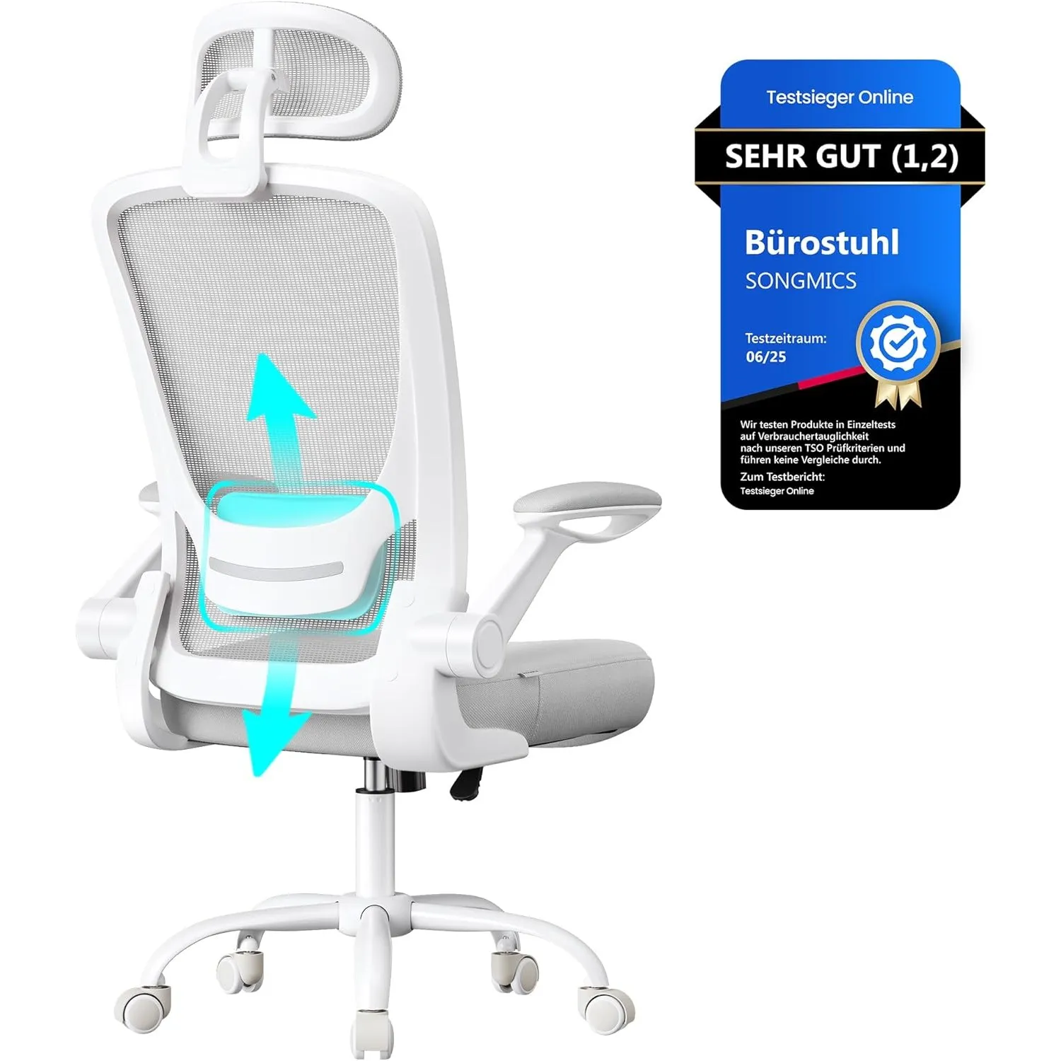 SONGMICS Ergonomischer Bürostuhl mit klappbaren Armlehnen, höhenverstellbar