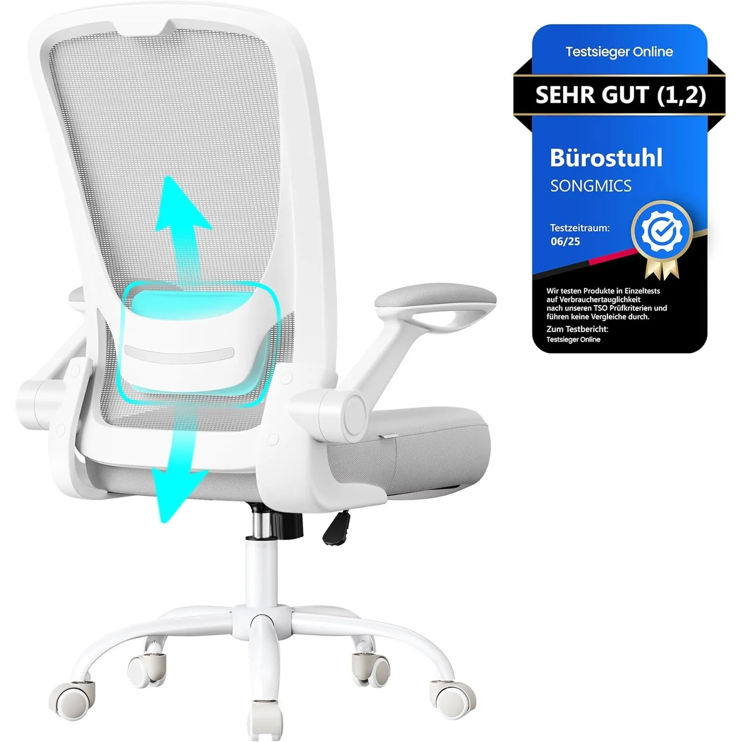 SONGMICS Bürostuhl ergonomisch, Drehstuhl mit Mesh, Lenden- und Kopfstütze, Wippfunktion, 53 cm große Sitzfläche, klapp…