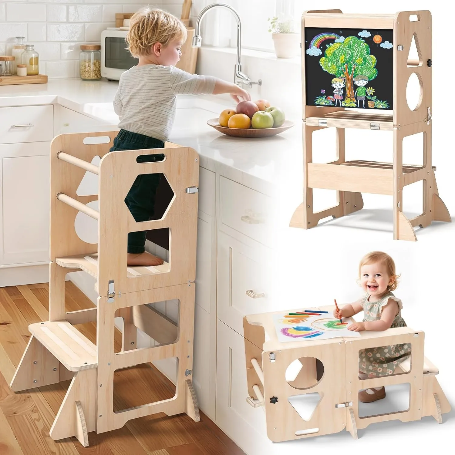 Woodure Lernturm ab 1 Jahr | 3 in 1 Learning Tower für Kinder | Klappbare Tritthocker mit Tafel | Lernturm Für Kinder, …