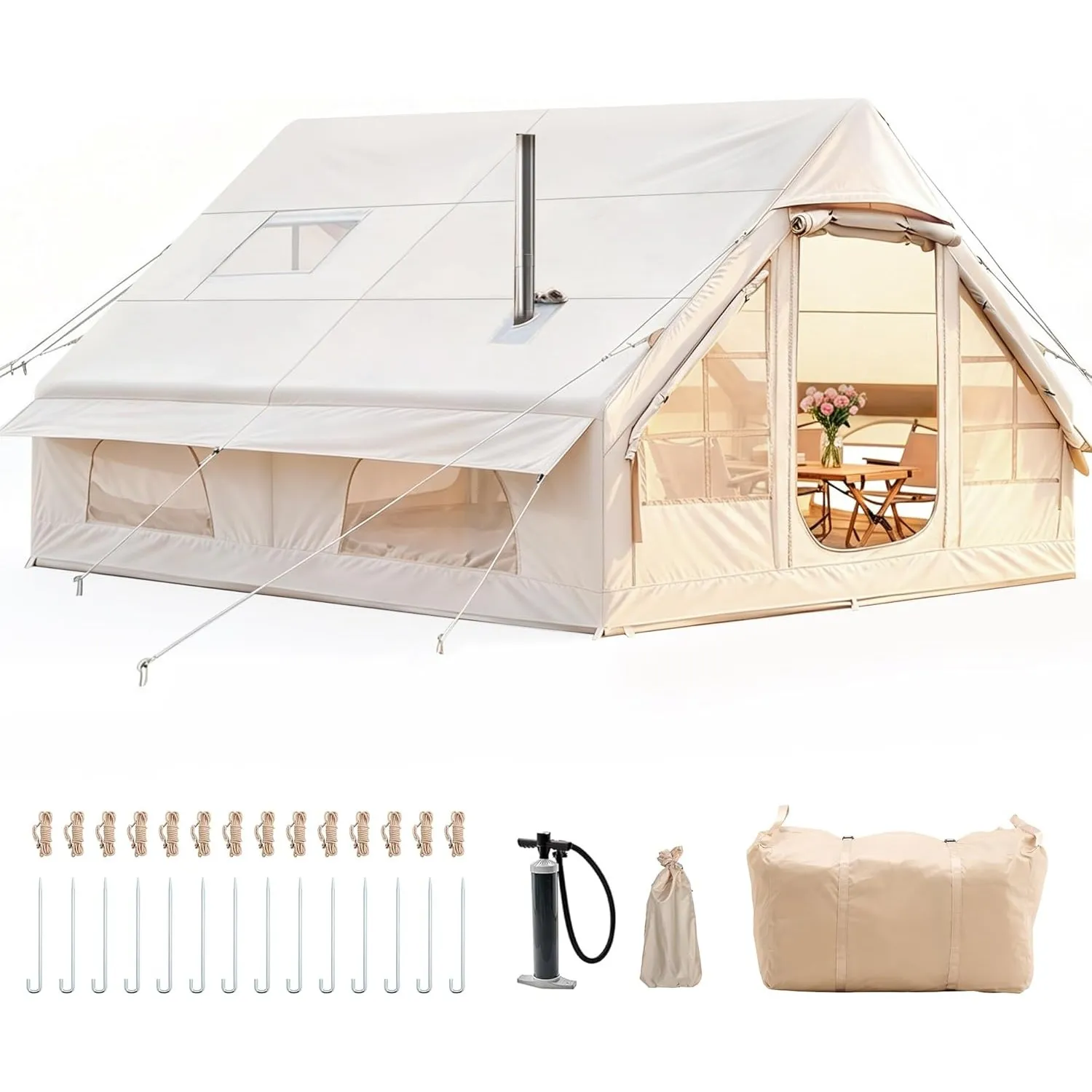 Aufblasbares Campingzelt mit Kaminöffnung & Dachfenster, Aufblasbare Zelt für 2-10per mit Luftpumpe, Zelt Aufblasbar au…