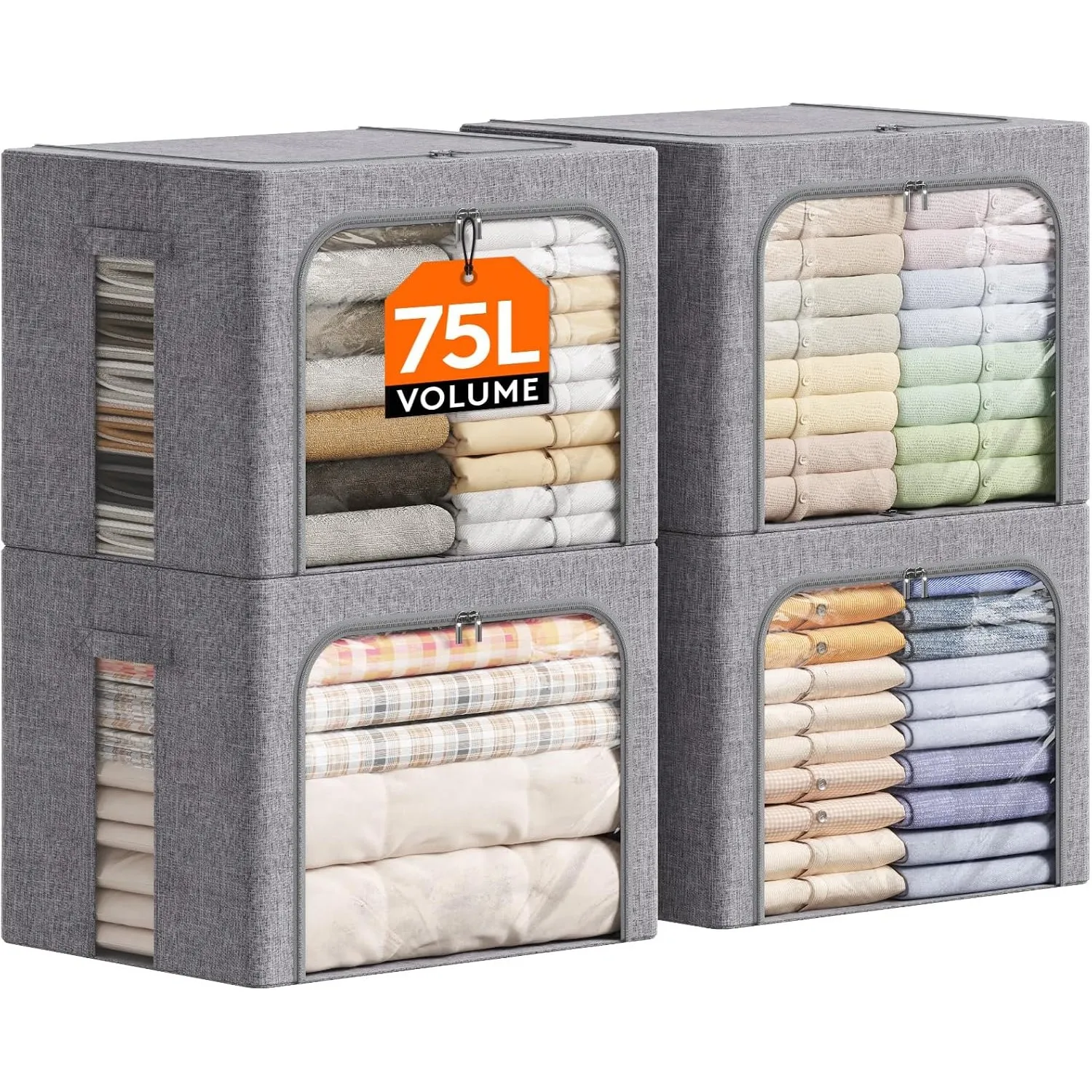Lifewit Aufbewahrungsbox 75L, Kleidung Aufbewahrung, 4er Set, Hellgrau