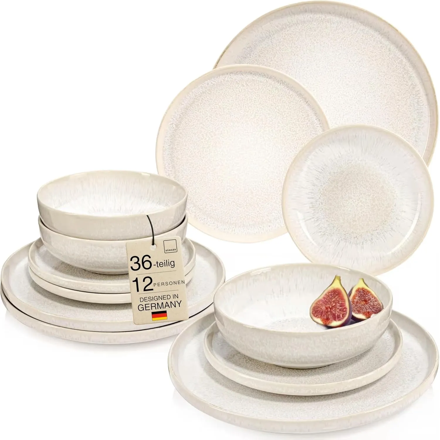 SÄNGER Korfu Geschirrset 12 Personen, Teller Set 36-tlg, Creme, Beige
